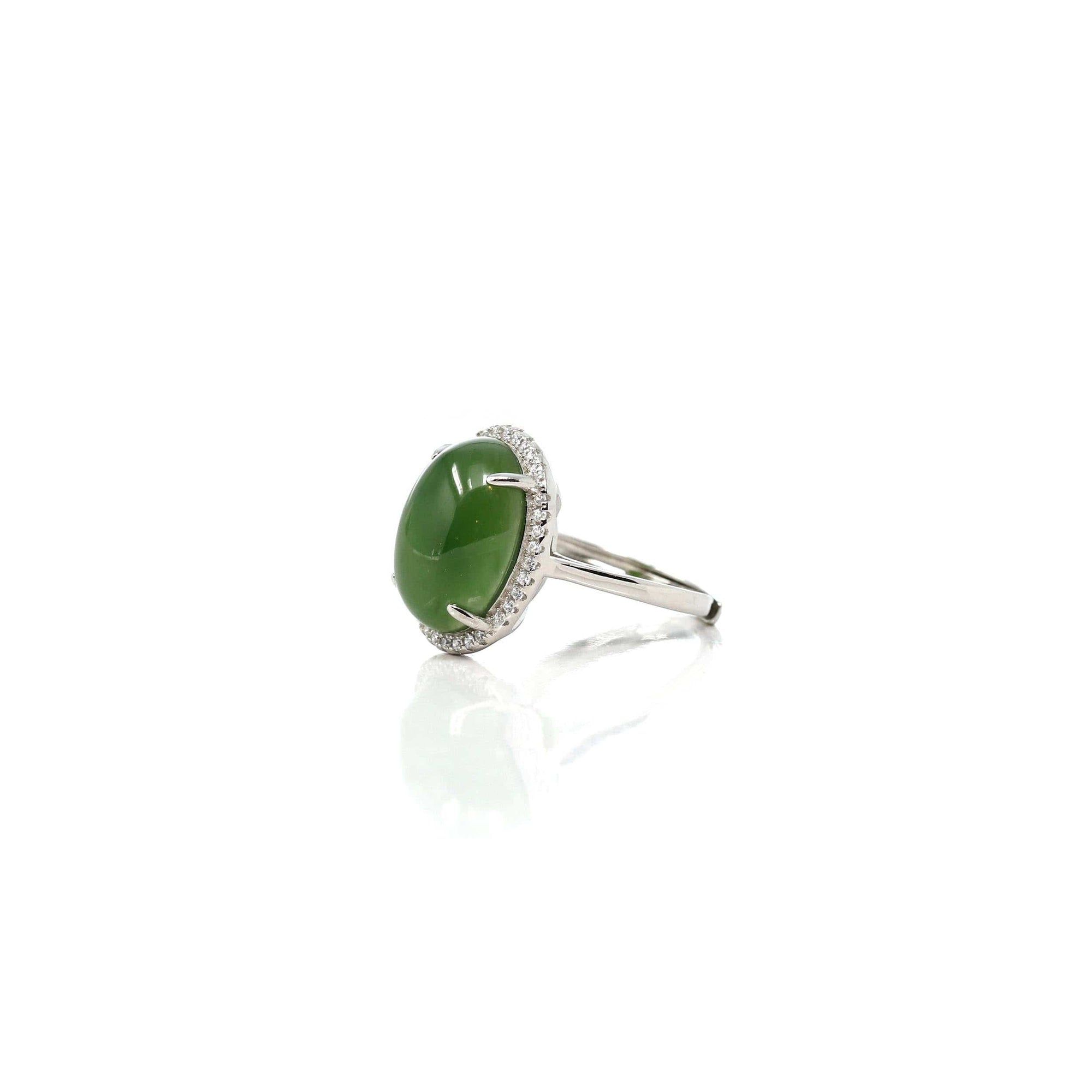 Baikalla Jewelry Jade Ring Copy of Baikalla™ "Classic Oval With Accents" Sterling Silver Real Green Nephrite Jade Classic Ring For Her