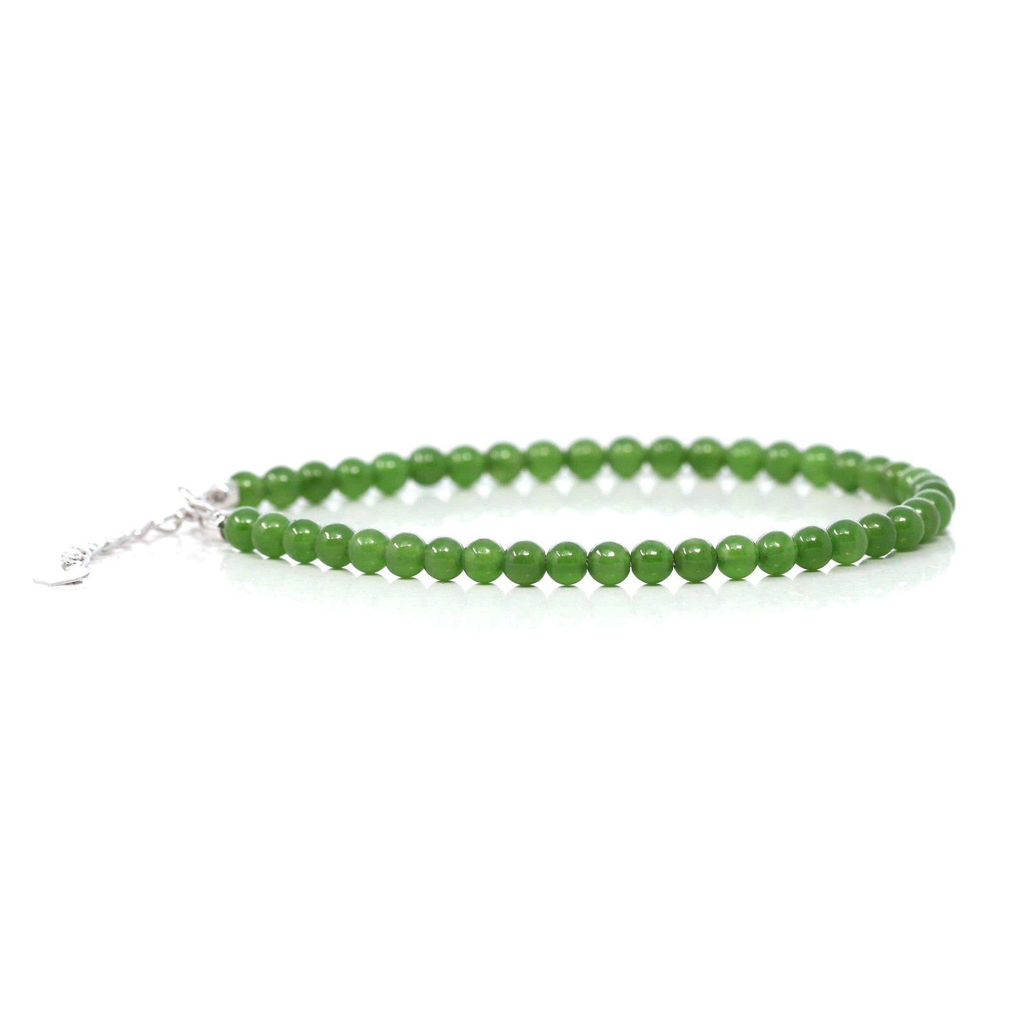 Baikalla Jewelry jade beads bracelet Genuine High Green Jade Round Beads Bracelet Bangle with 18k White Gold Jump Ring( 4 mm )