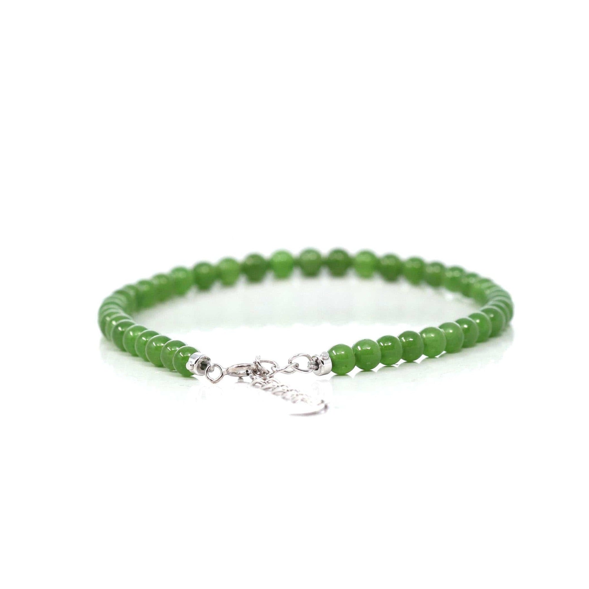 Baikalla Jewelry jade beads bracelet Genuine High Green Jade Round Beads Bracelet Bangle with 18k White Gold Jump Ring( 4 mm )