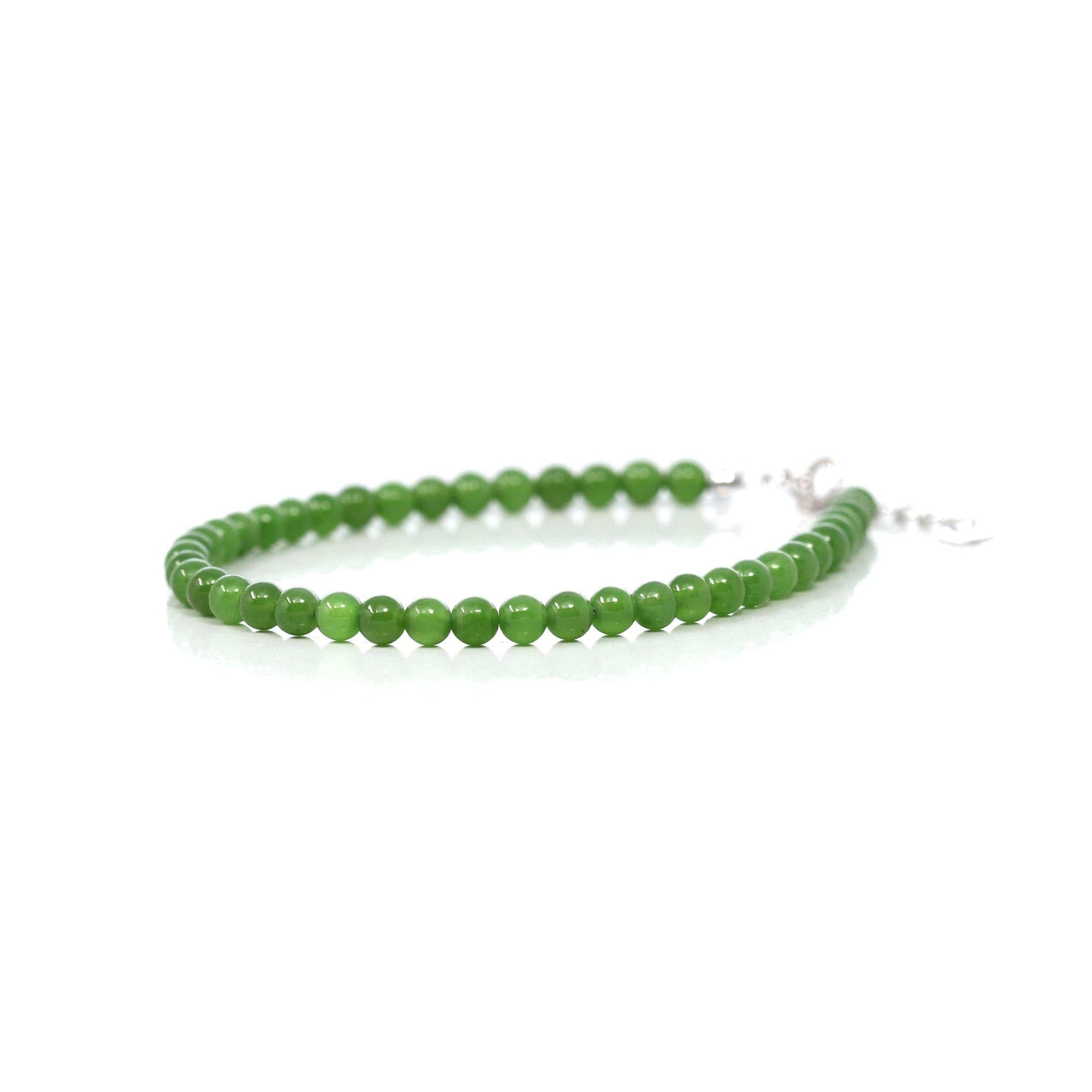 Baikalla Jewelry jade beads bracelet Genuine High Green Jade Round Beads Bracelet Bangle with 18k White Gold Jump Ring( 4 mm )