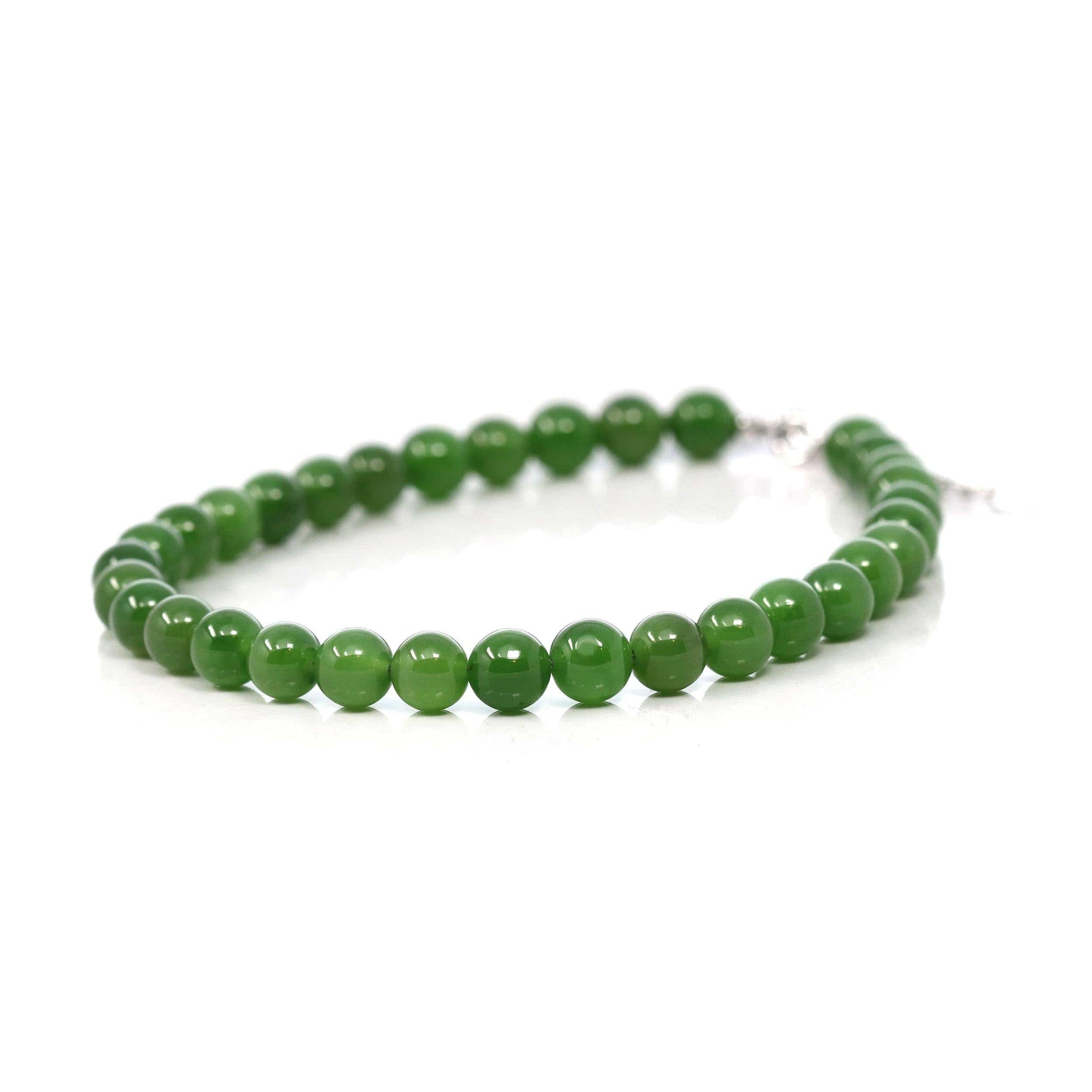 Baikalla Jewelry jade beads bracelet Baikalla Genuine Fine Green Nephrite Jade Round Beads Bracelet With 18K White Gold Jump Ring ( 6mm )