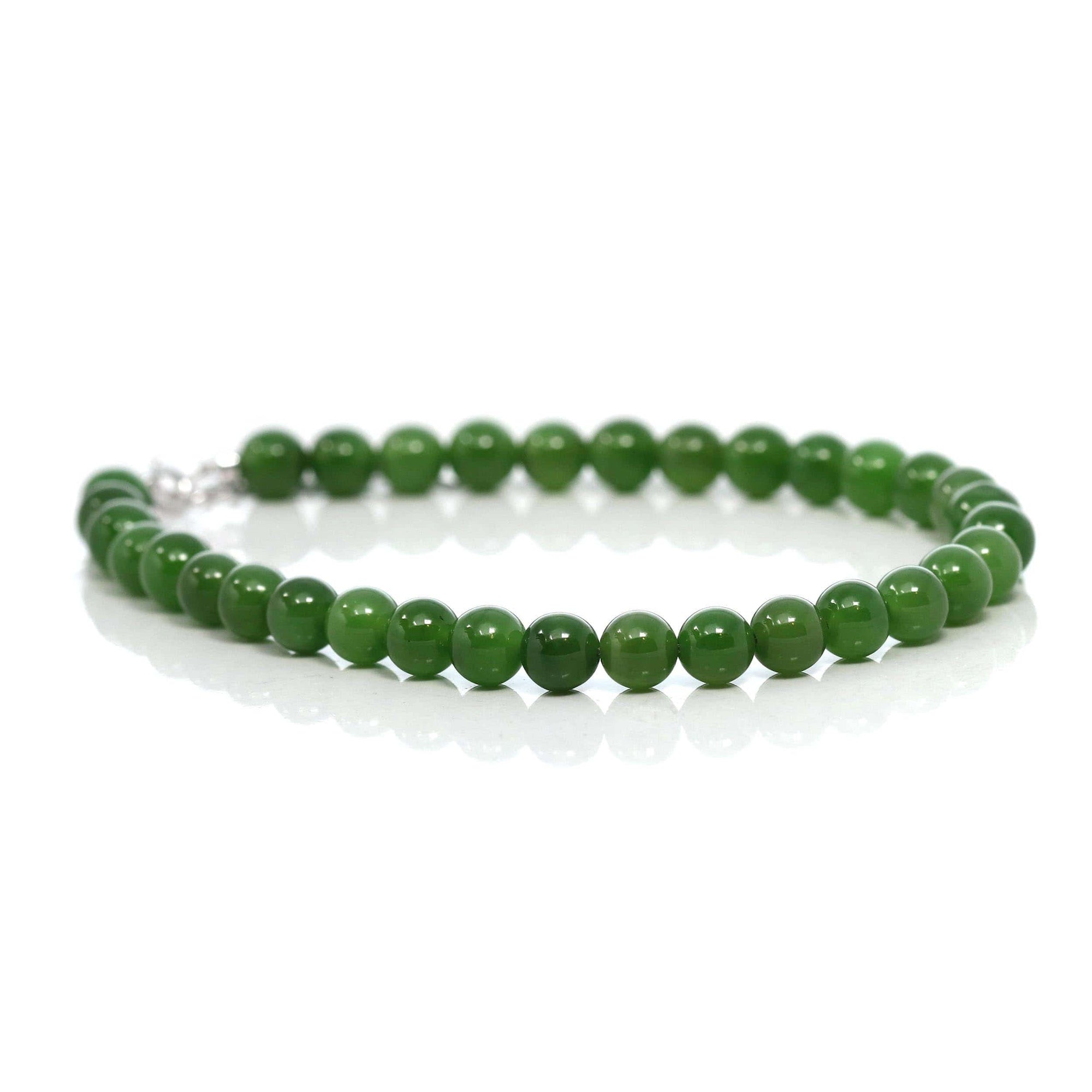 Baikalla Jewelry jade beads bracelet Baikalla Genuine Fine Green Nephrite Jade Round Beads Bracelet With 18K White Gold Jump Ring ( 6mm )