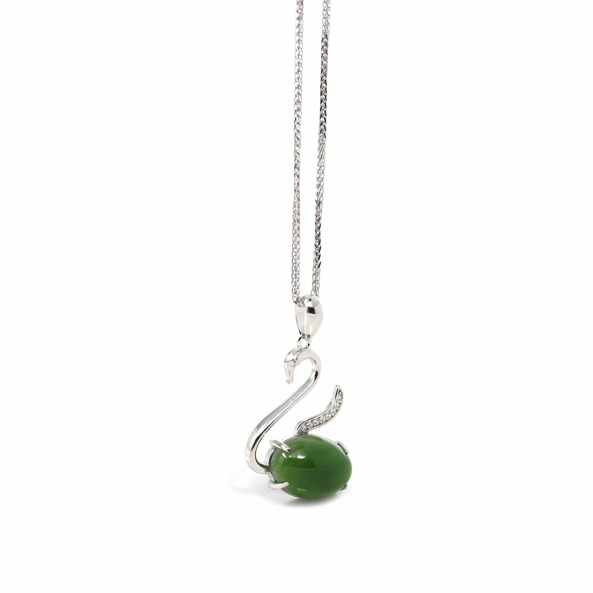 Baikalla Jewelry Jade Pendant Copy of Baikalla™ &quot;Love Swan&quot; Genuine Nephrite Green Jade Swan Pendant Necklace with Tourmaline &amp; CZ