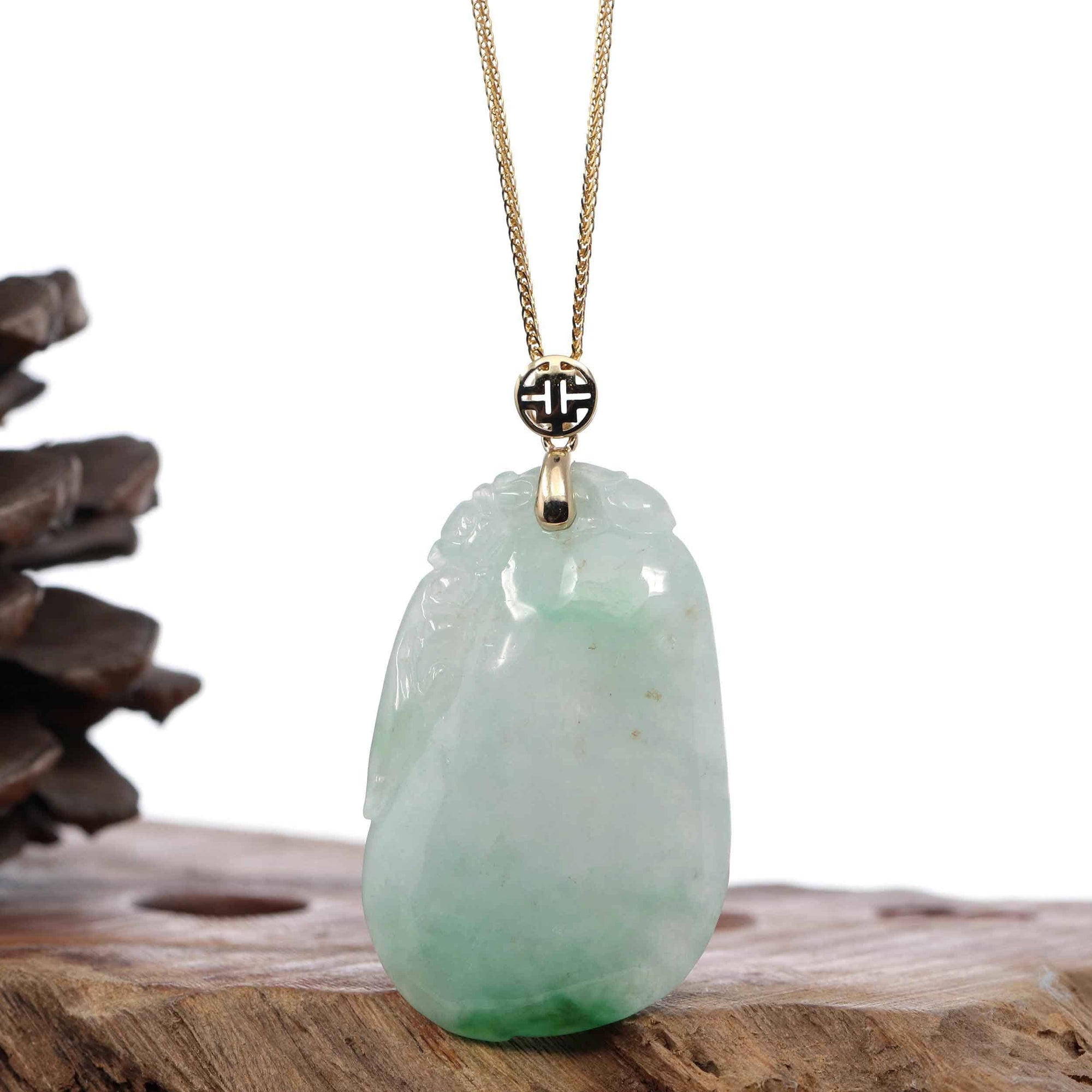 Baikalla Jewelry Jade Pendant Copy of Natural Ice Jadeite Jade Shou Tao ( Longevity Peach ) Necklace With 14k Yellow Gold Bail