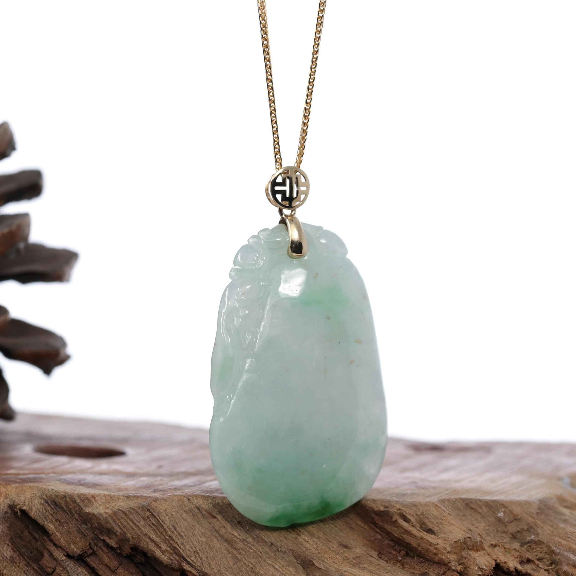 Baikalla Jewelry Jade Pendant Copy of Natural Ice Jadeite Jade Shou Tao ( Longevity Peach ) Necklace With 14k Yellow Gold Bail