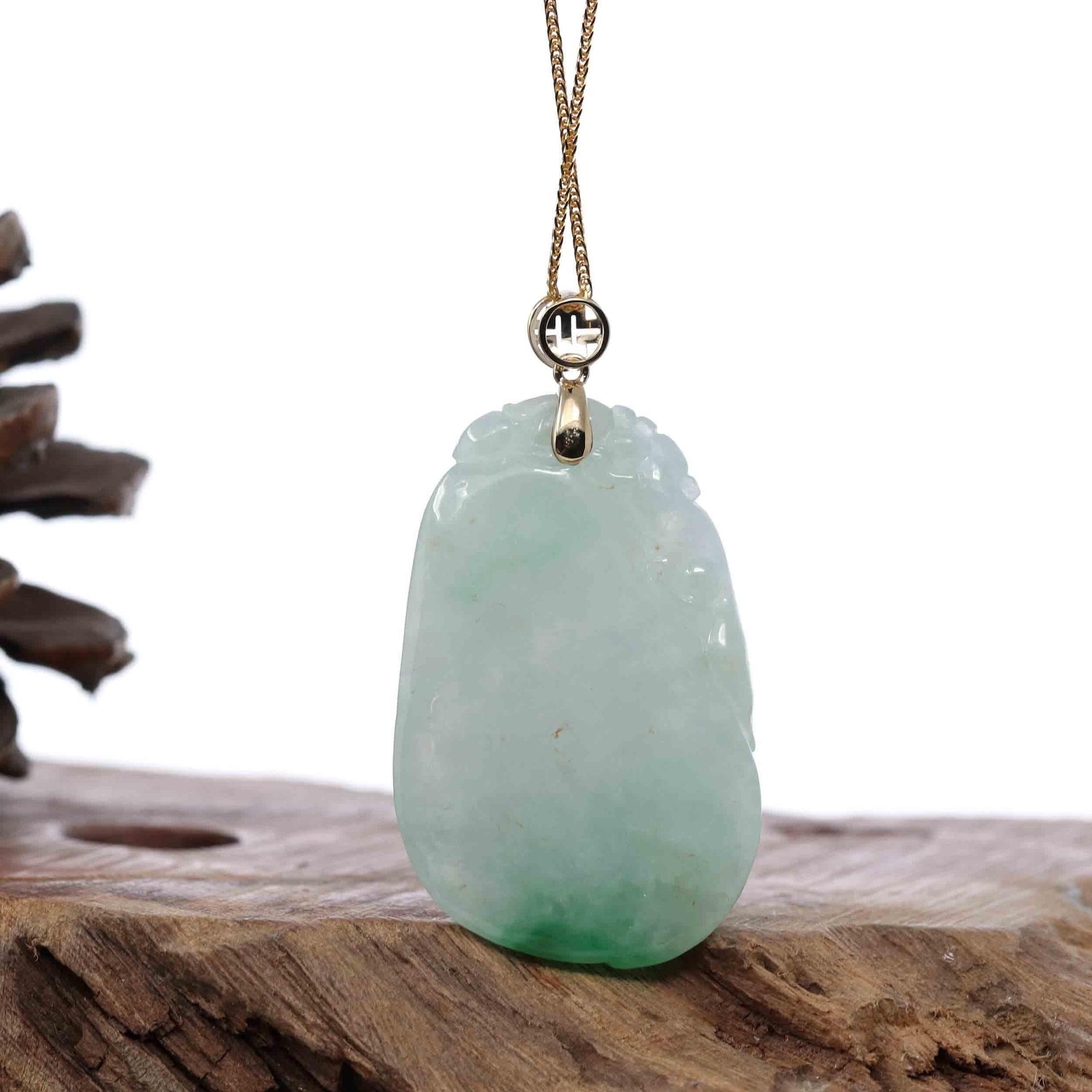 Baikalla Jewelry Jade Pendant Copy of Natural Ice Jadeite Jade Shou Tao ( Longevity Peach ) Necklace With 14k Yellow Gold Bail