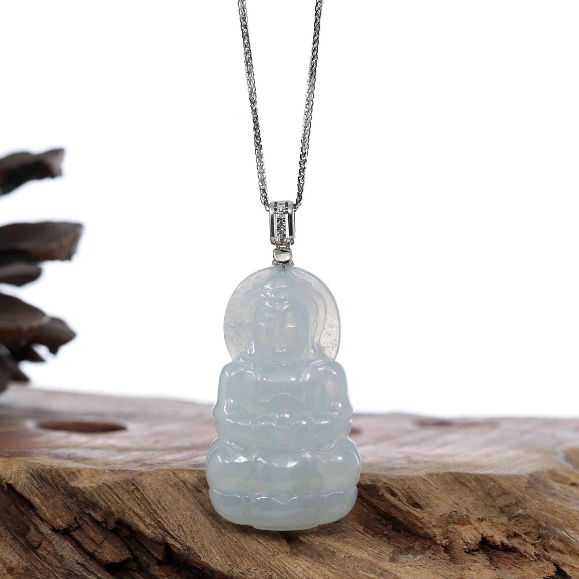 Baikalla Jewelry Jade Guanyin Pendant Necklace Copy of Baikalla 14k "Goddess of Compassion" Genuine Burmese Jadeite Jade Guanyin Pendant With VS1 Diamond Bail