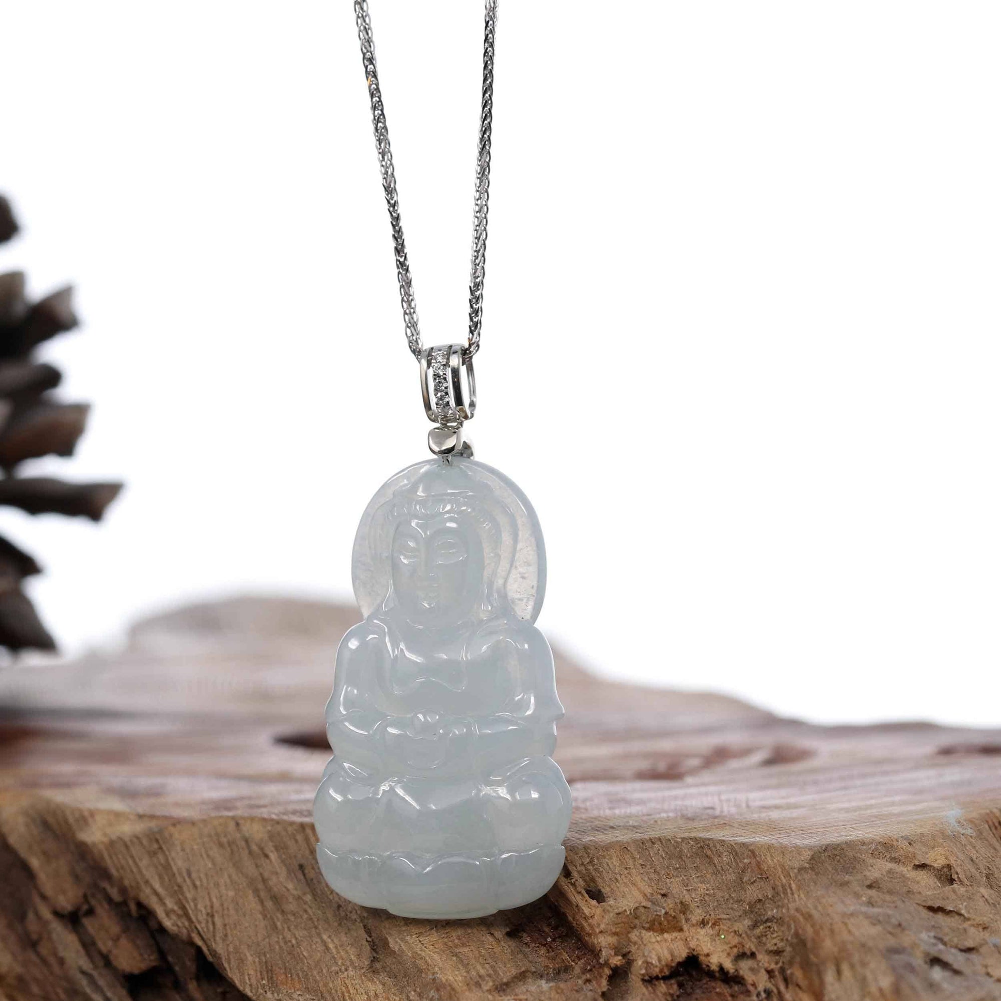 Baikalla Jewelry Jade Guanyin Pendant Necklace Copy of Baikalla 14k &quot;Goddess of Compassion&quot; Genuine Burmese Jadeite Jade Guanyin Pendant With VS1 Diamond Bail