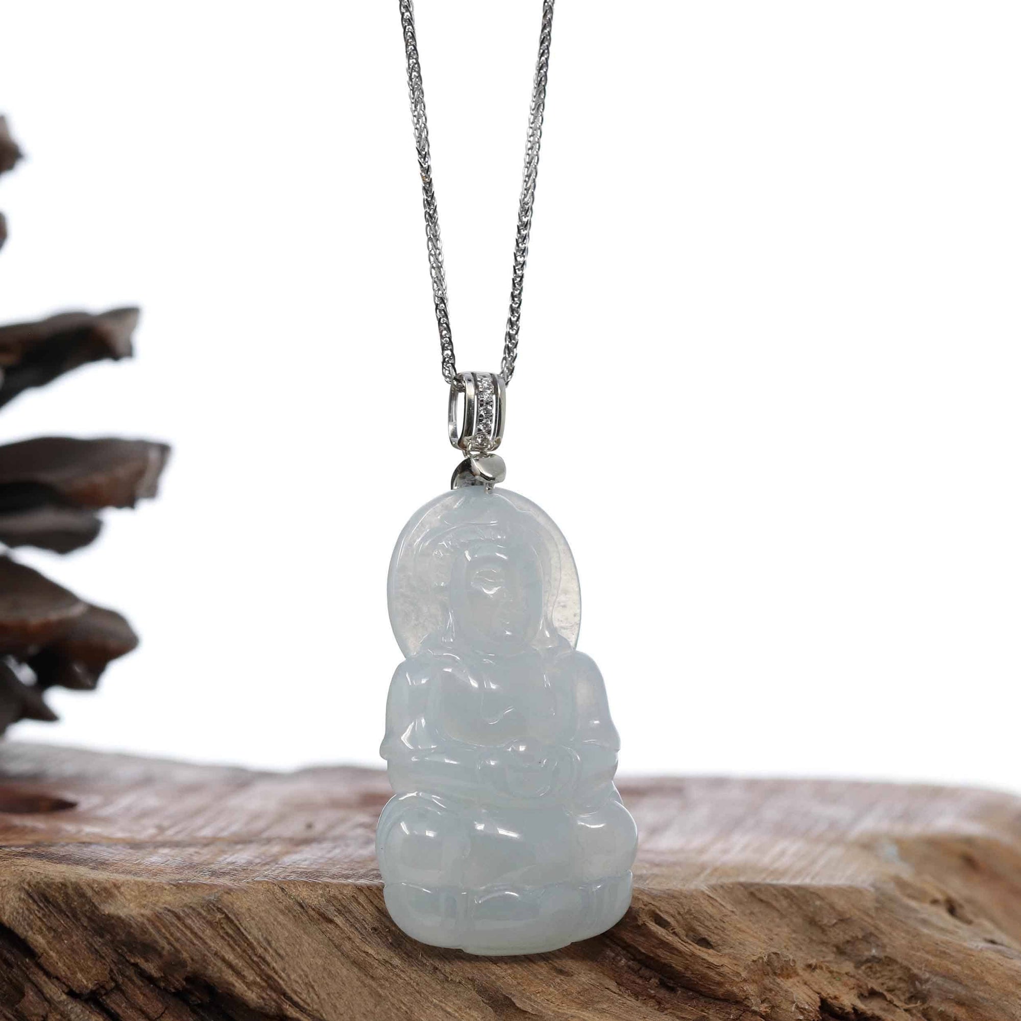 Baikalla Jewelry Jade Guanyin Pendant Necklace Copy of Baikalla 14k &quot;Goddess of Compassion&quot; Genuine Burmese Jadeite Jade Guanyin Pendant With VS1 Diamond Bail