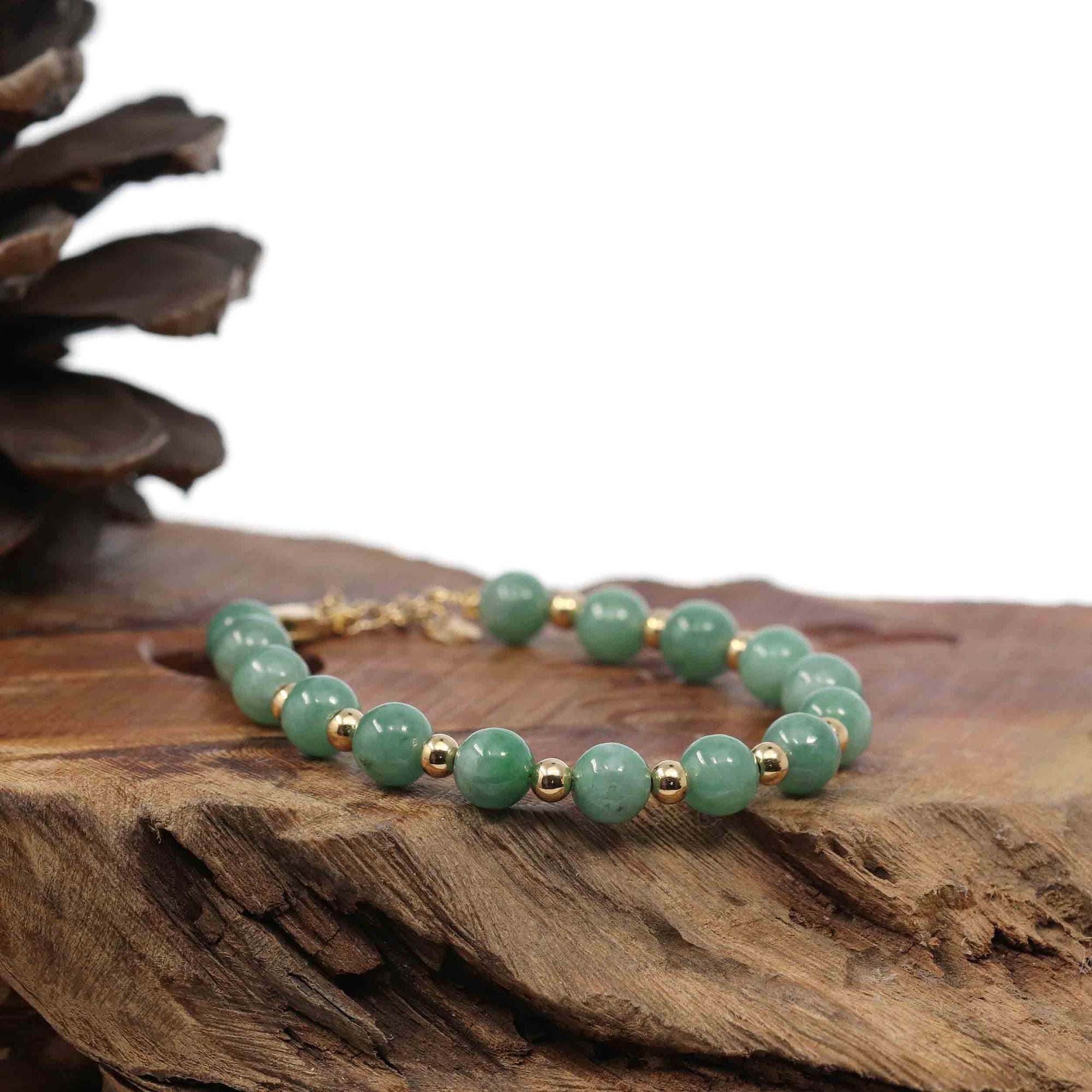 Baikalla Jewelry jade beads bracelet Baikalla Genuine Green Jadeite Jade Round Beads Bracelet With 18K Yellow Gold Clasp and Gold Beads ( 7 mm )