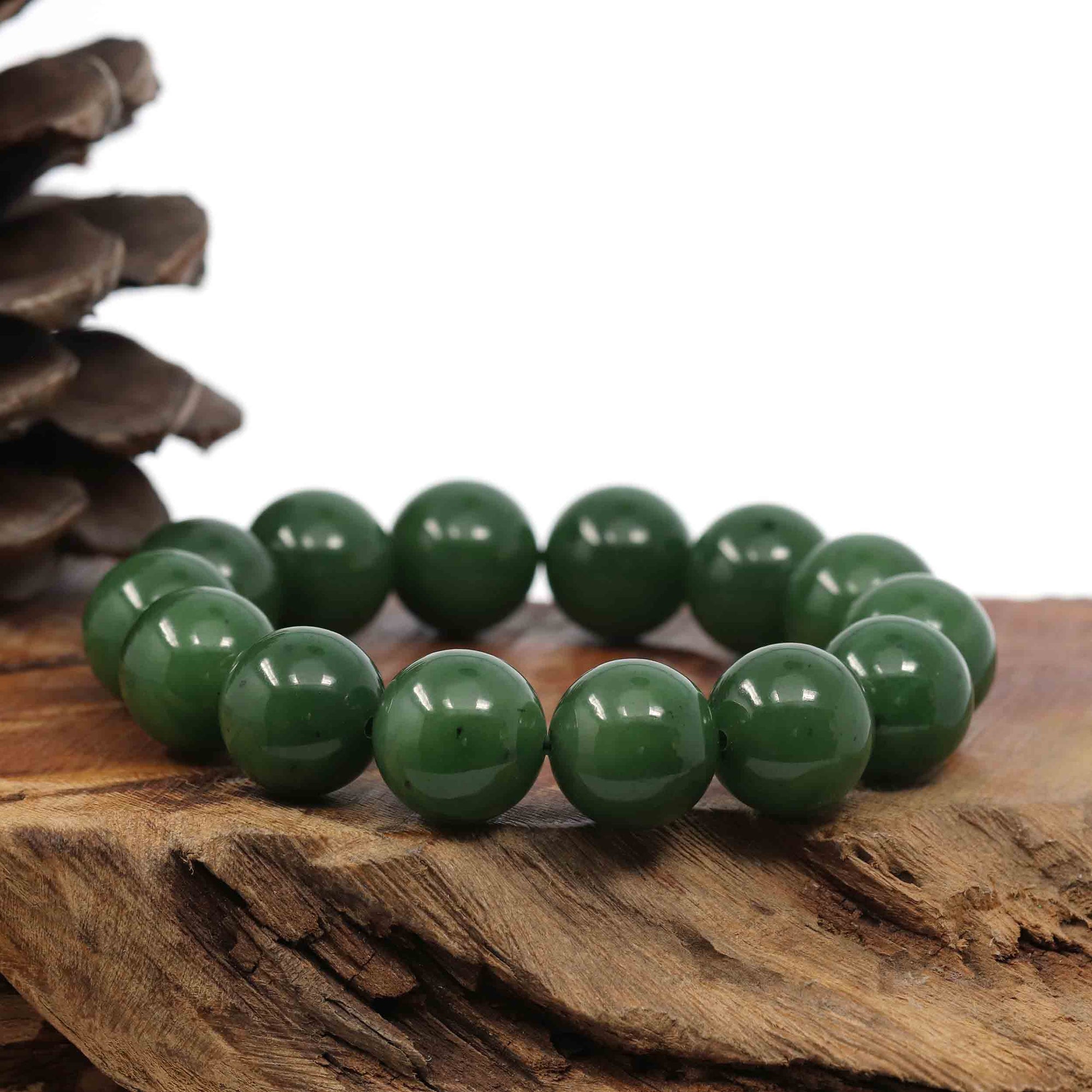 Baikalla Jewelry jade beads bracelet High Baikalla Genuine Green Nephrite Jade Big Round Beads Men's Bracelet( 14.8mm )