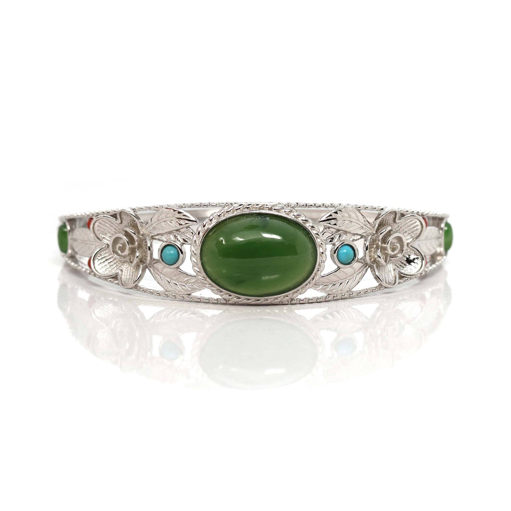 Baikalla Jewelry Sterling silver Jade Bangle Bracelet Copy of Sterling Silver Genuine Nephrite Green Jade Bracelet Bangle, Real Green Jade Jewelry