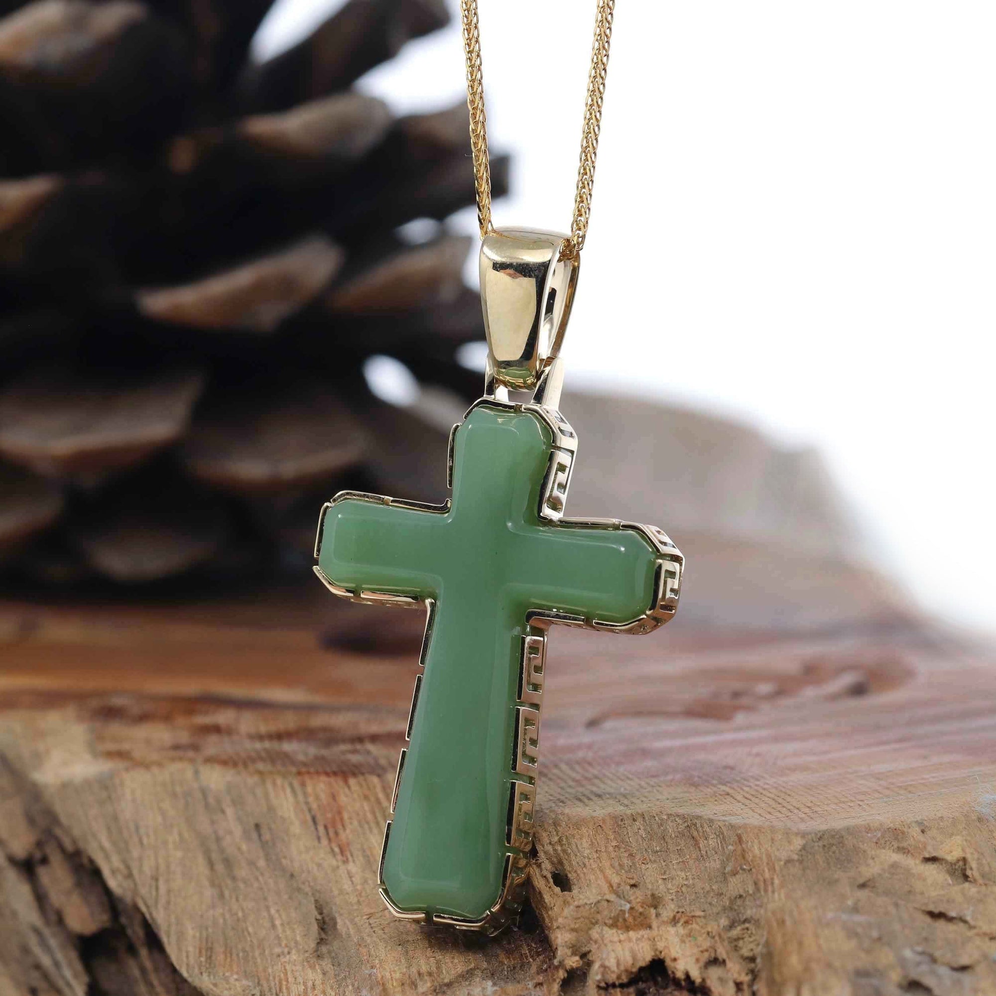 Baikalla Jewelry 24K Pure Yellow Gold Pendant Baikalla High-end 14K Yellow Gold Natural Green Nephrite Jade Cross Pendant