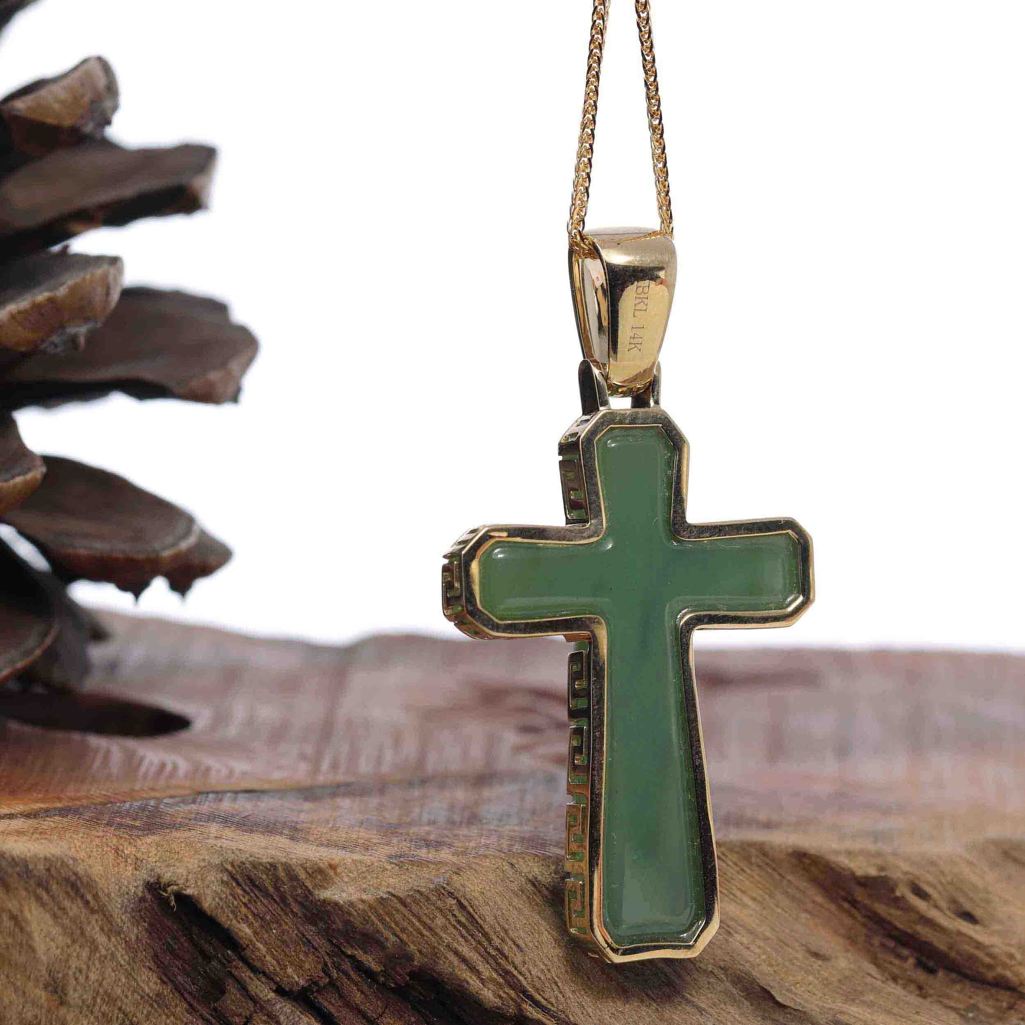 Baikalla Jewelry 24K Pure Yellow Gold Pendant High 14K Yellow Gold & Green Nephrite Jade Cross Pendant