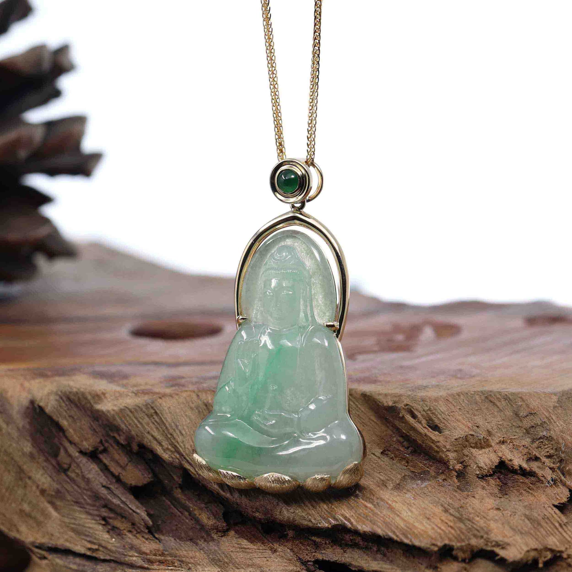 Baikalla Jewelry Jade Guanyin Pendant Necklace Copy of Baikalla 14k "Goddess of Compassion" Genuine Burmese Jadeite Jade Guanyin Necklace