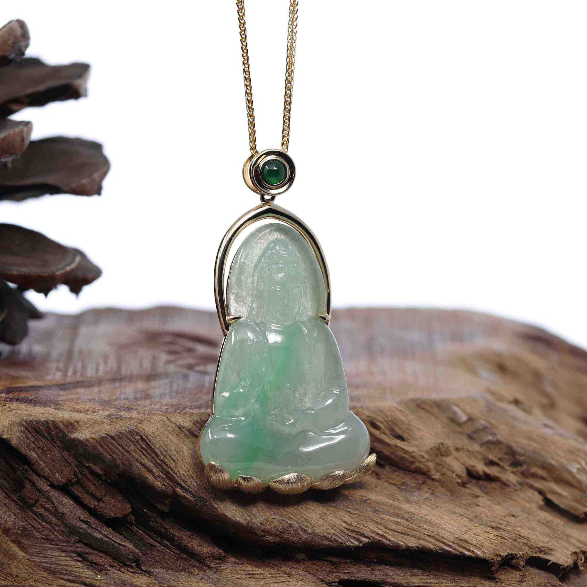 Baikalla Jewelry Jade Guanyin Pendant Necklace Copy of Baikalla 14k &quot;Goddess of Compassion&quot; Genuine Burmese Jadeite Jade Guanyin Necklace