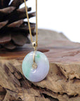 Baikalla Jewelry Gold Jadeite Jade Pendant Necklace Copy of "Good Luck Button" Lavender & Green Jadeite Jade Lucky KouKou Pendant With 14K Yellow Gold Bail