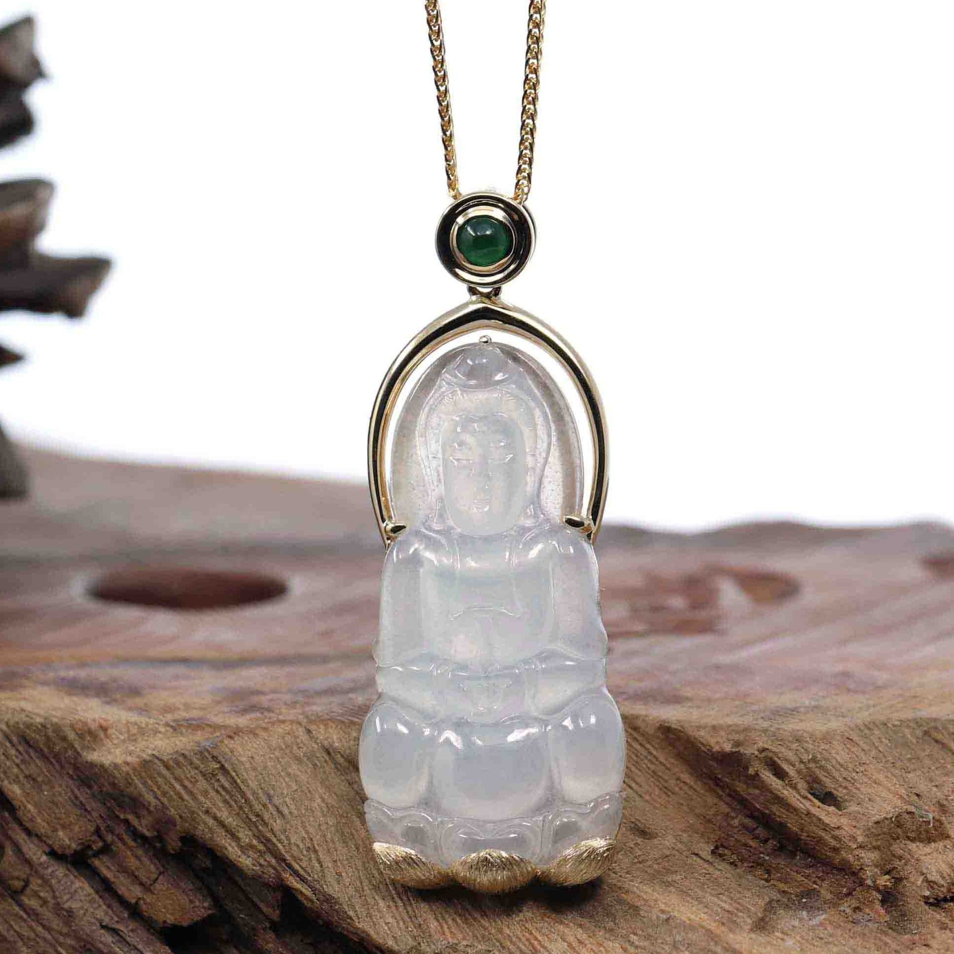 Baikalla Jewelry Jade Guanyin Pendant Necklace Copy of Copy of Baikalla 14k &quot;Goddess of Compassion&quot; Genuine Burmese Jadeite Jade Guanyin Necklace