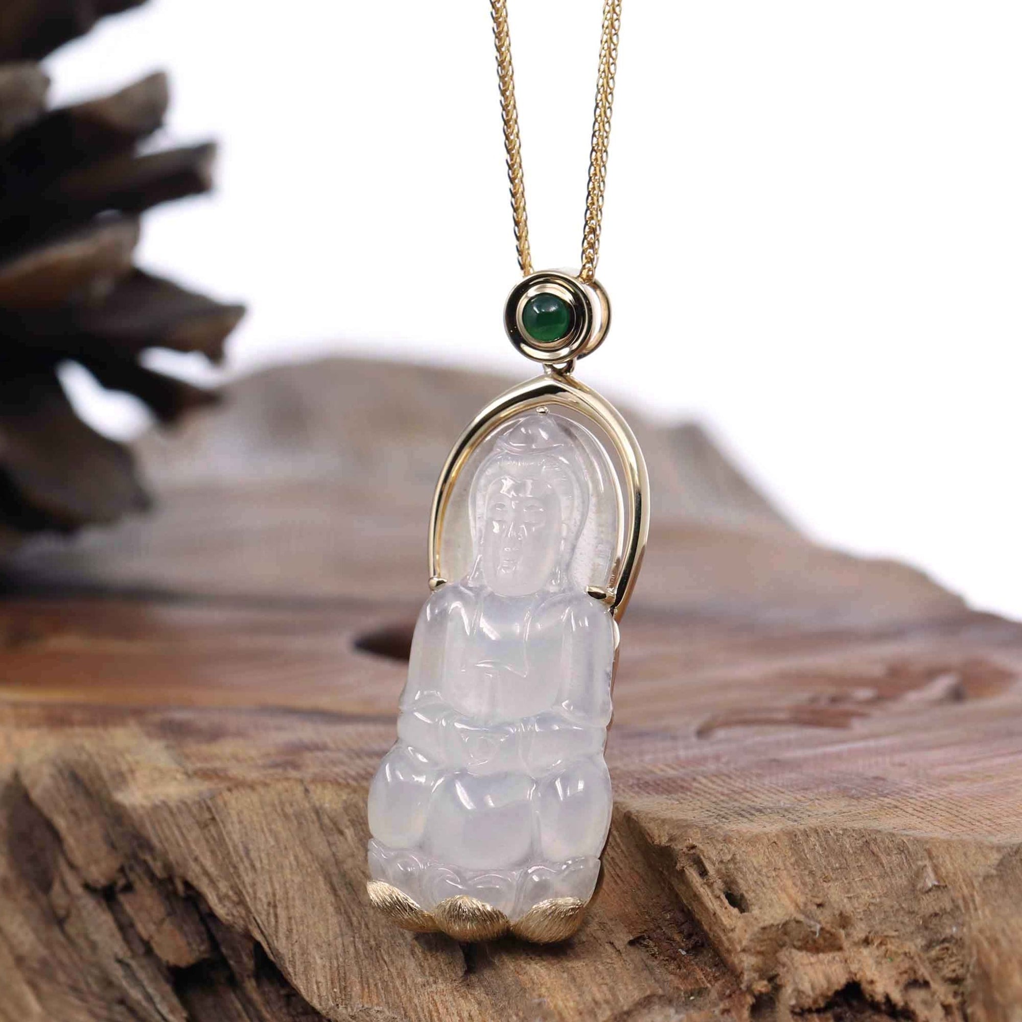 Baikalla Jewelry Jade Guanyin Pendant Necklace Copy of Copy of Baikalla 14k &quot;Goddess of Compassion&quot; Genuine Burmese Jadeite Jade Guanyin Necklace