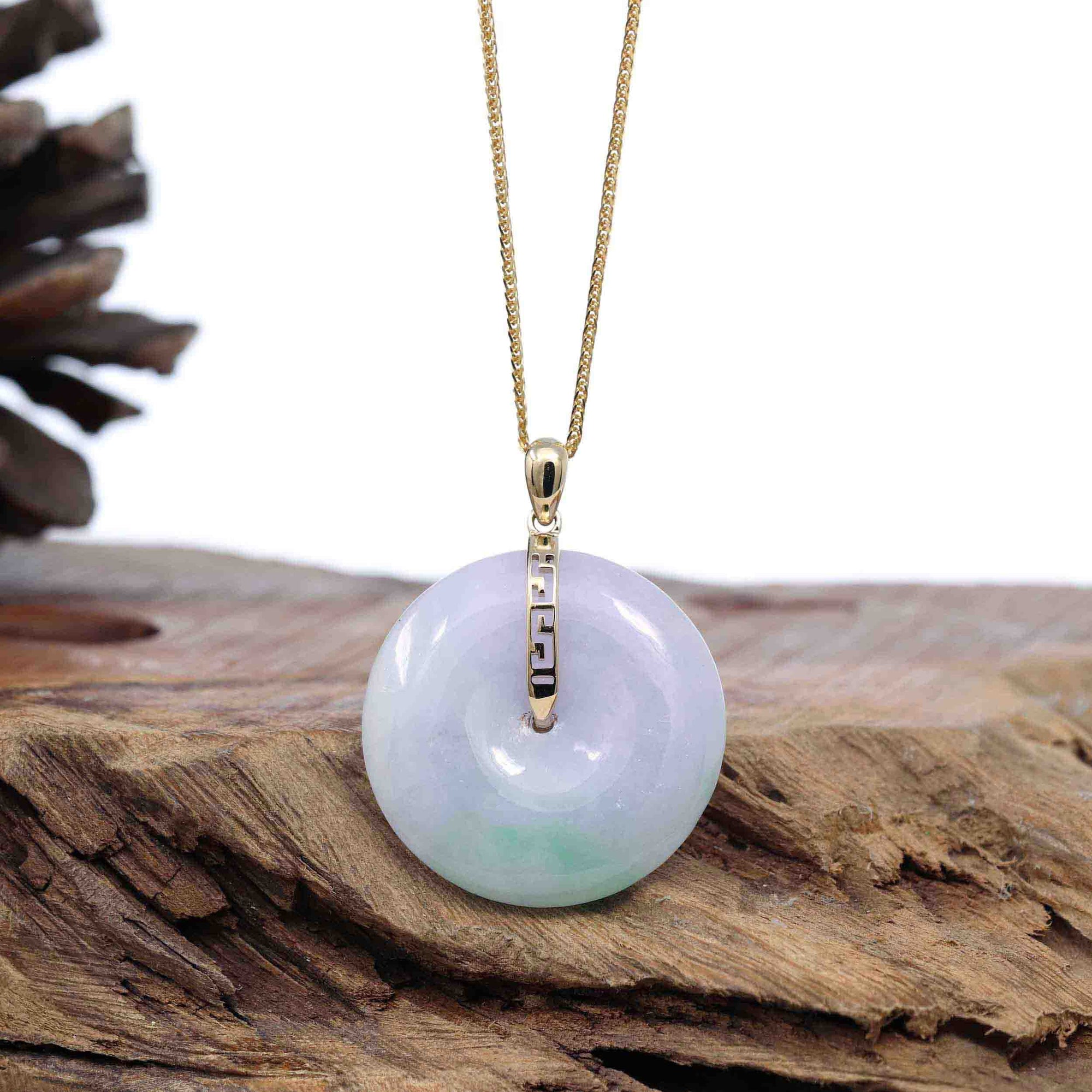 Baikalla Jewelry Gold Jadeite Jade Pendant Necklace Copy of &quot;Good Luck Button&quot; Lavender Jadeite Jade Lucky KouKou Pendant With 14K Yellow Gold  Diamond Bail