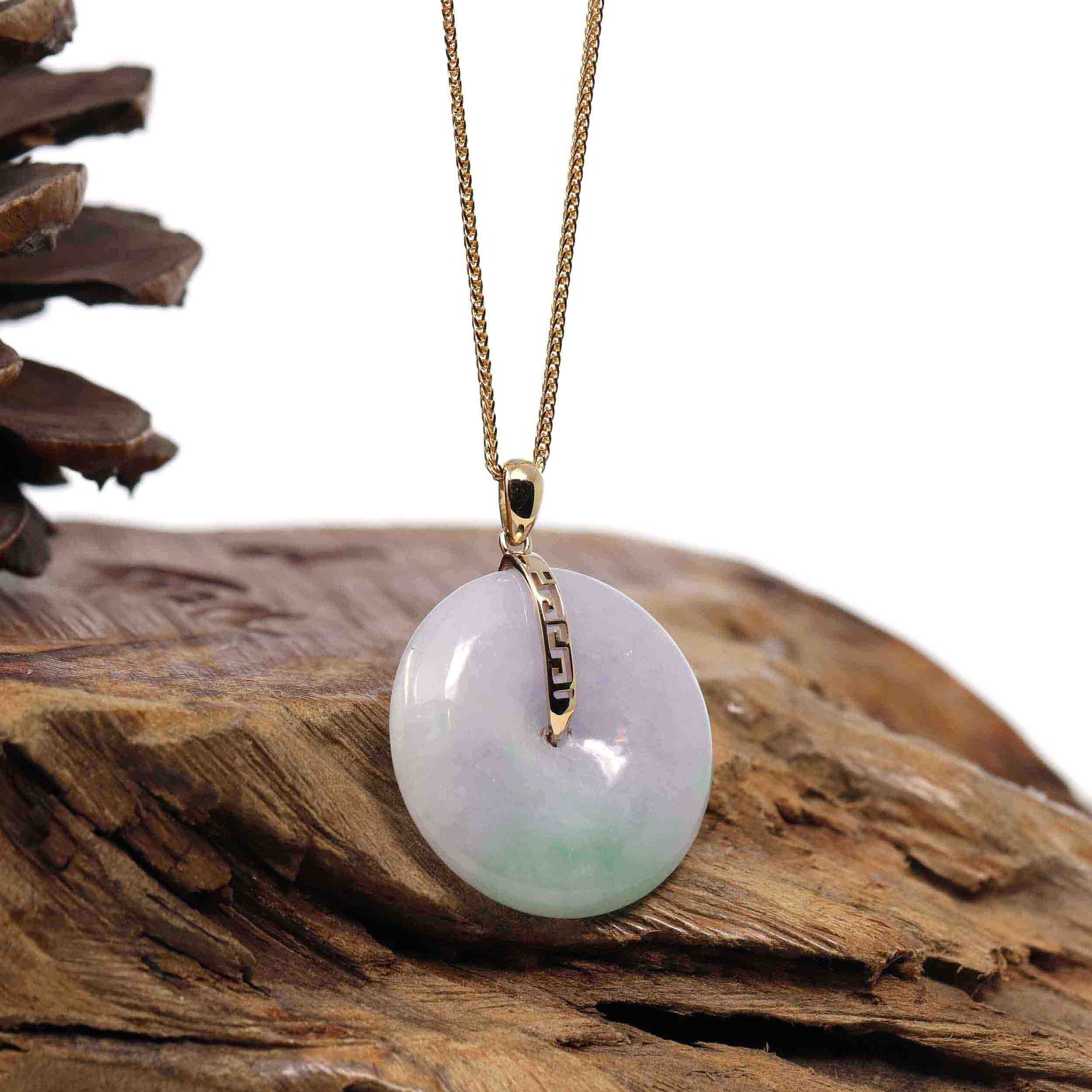 Baikalla Jewelry Gold Jadeite Jade Pendant Necklace Copy of &quot;Good Luck Button&quot; Lavender Jadeite Jade Lucky KouKou Pendant With 14K Yellow Gold  Diamond Bail