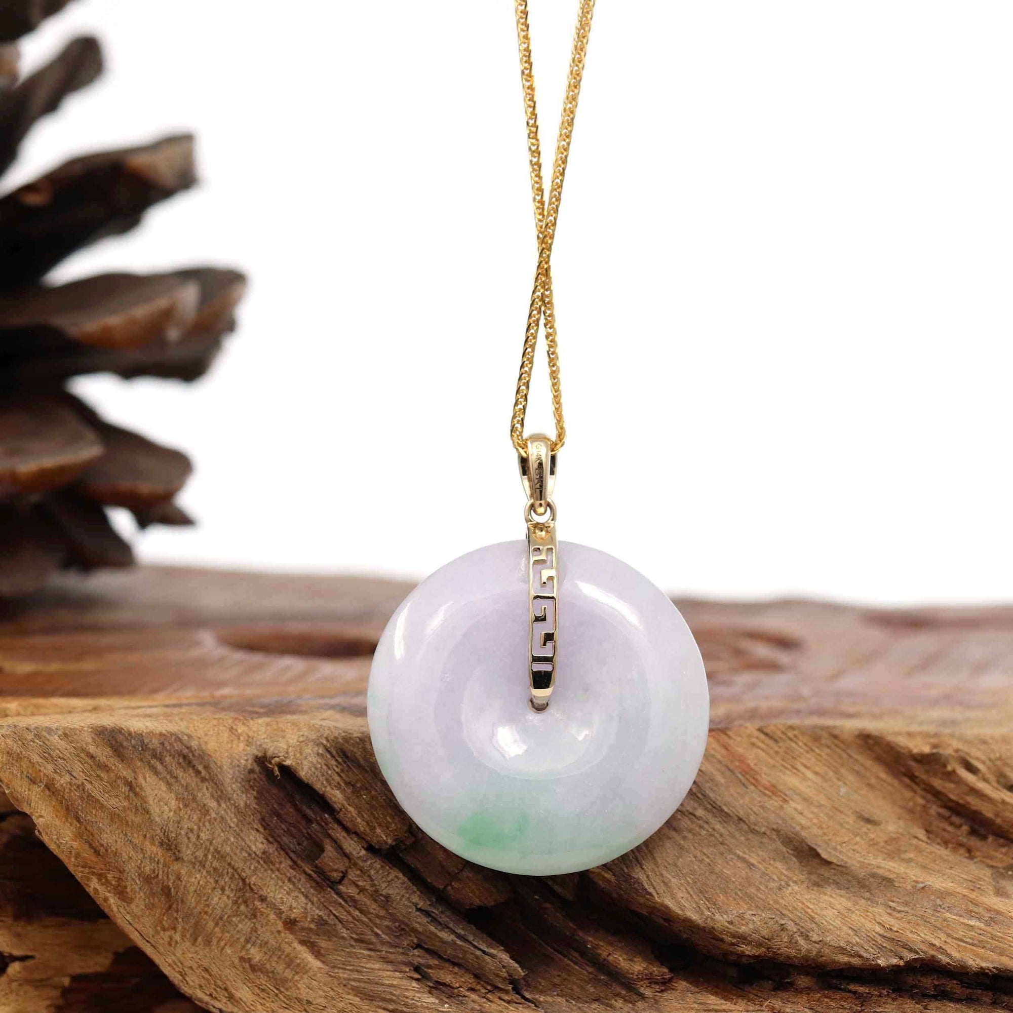 Baikalla Jewelry Gold Jadeite Jade Pendant Necklace Copy of "Good Luck Button" Lavender Jadeite Jade Lucky KouKou Pendant With 14K Yellow Gold  Diamond Bail