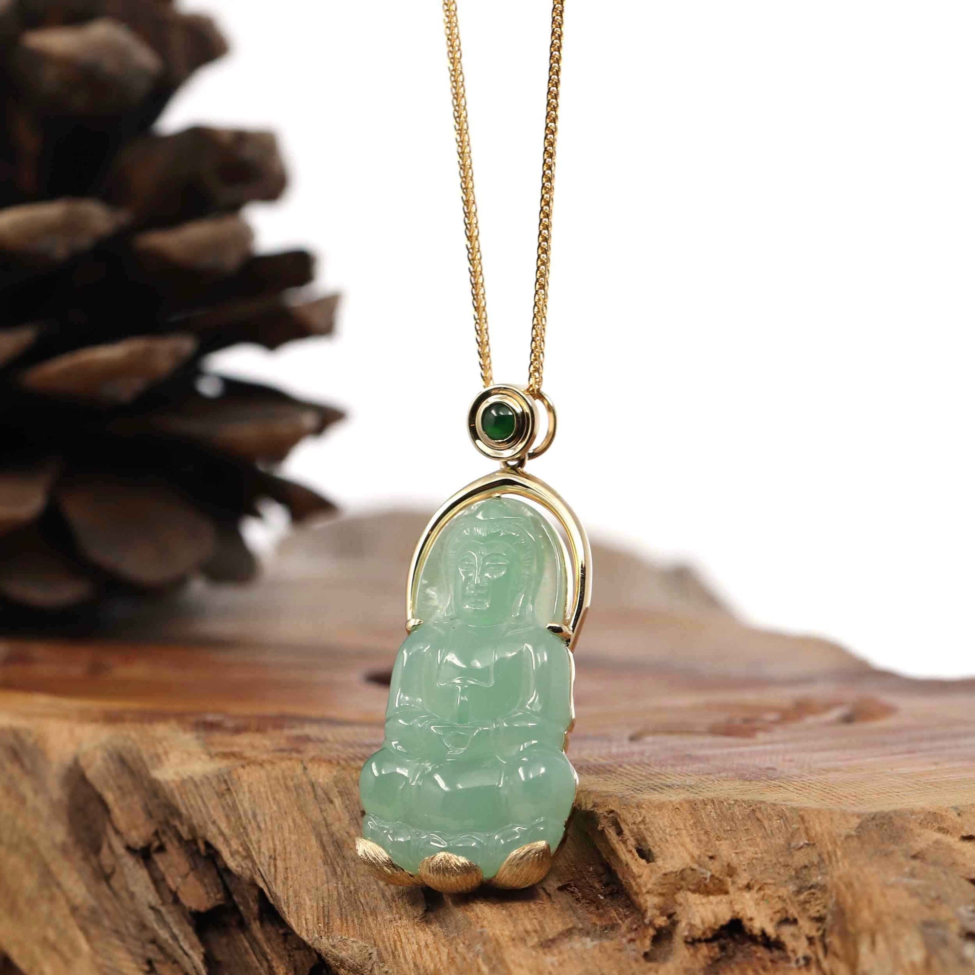 Baikalla Jewelry Jade Guanyin Pendant Necklace Copy of Copy of Baikalla 14k "Goddess of Compassion" Genuine Burmese Jadeite Jade Guanyin Necklace