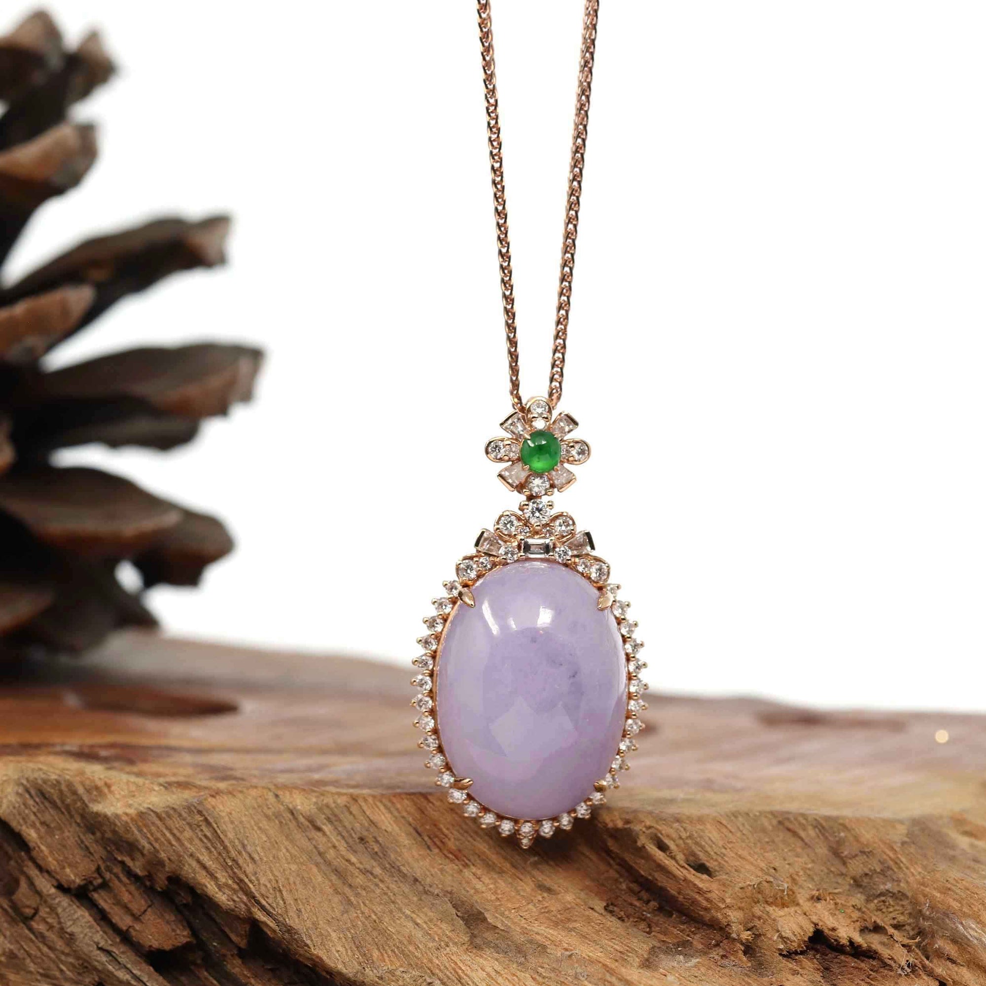 Baikalla Jewelry Gold Jadeite Jade Pendant Necklace Copy of "Good Luck Button" Lavender Jadeite Jade Lucky KouKou Pendant With 14K White Gold VS1 Diamond Bail