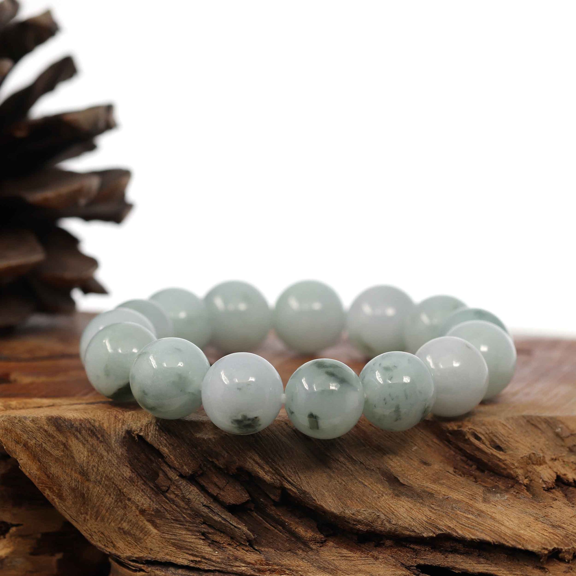 Baikalla Jewelry jade beads bracelet Natural Jadeite Jade Round Blue Green Large Beads Men&#39;s Bracelet (14mm)