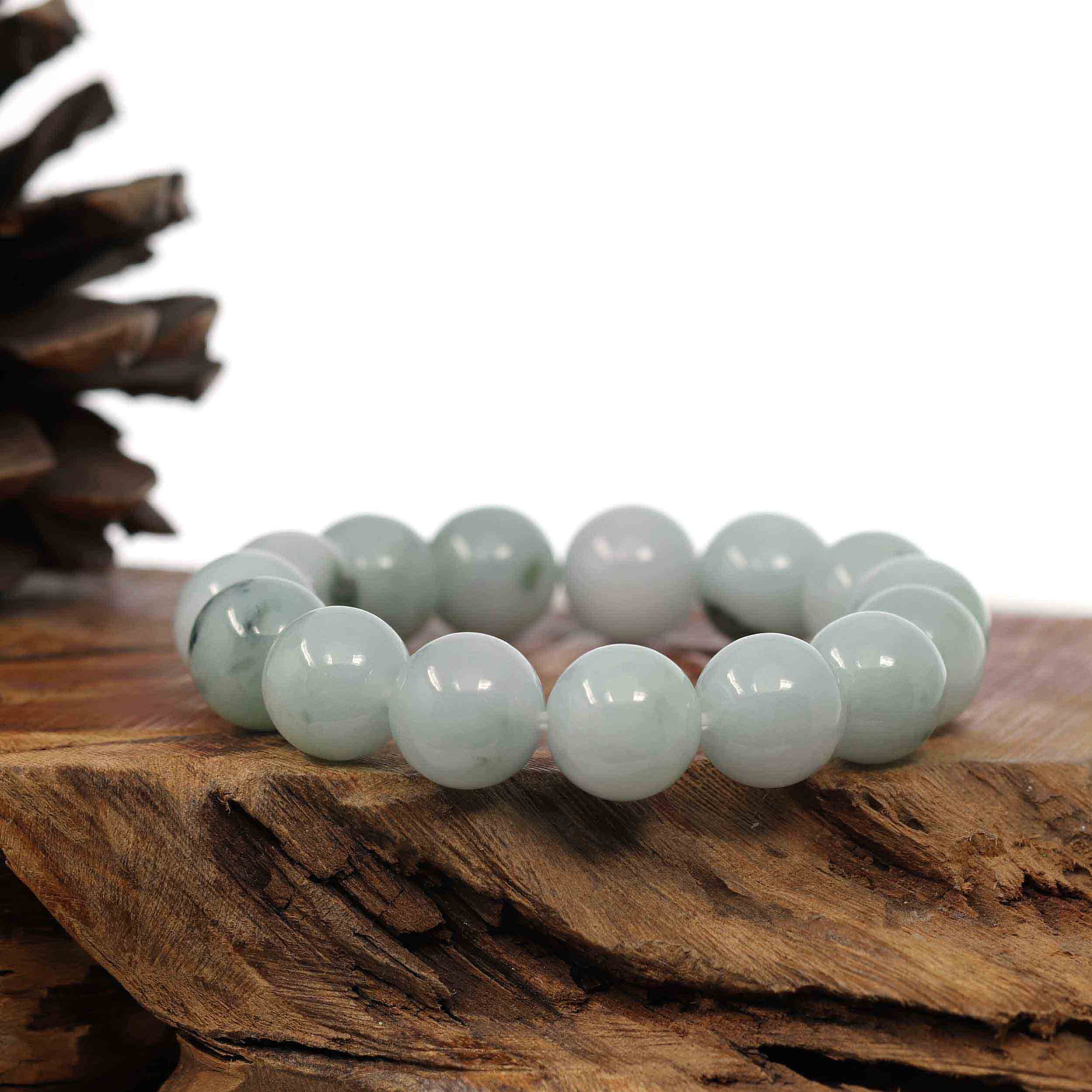 Baikalla Jewelry jade beads bracelet Natural Jadeite Jade Round Blue Green Large Beads Men's Bracelet (14mm)