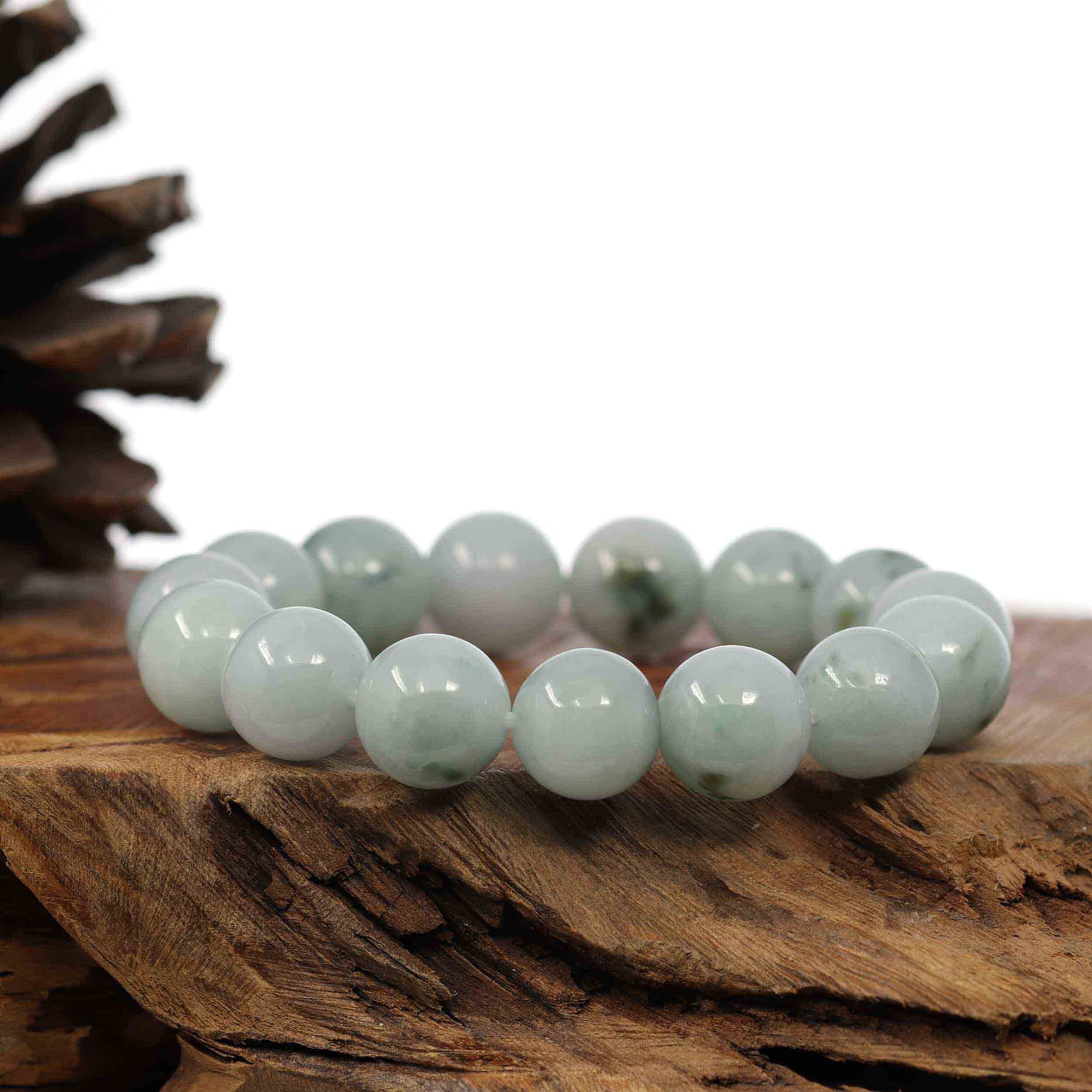 Baikalla Jewelry jade beads bracelet Natural Jadeite Jade Round Blue Green Large Beads Men's Bracelet (14mm)