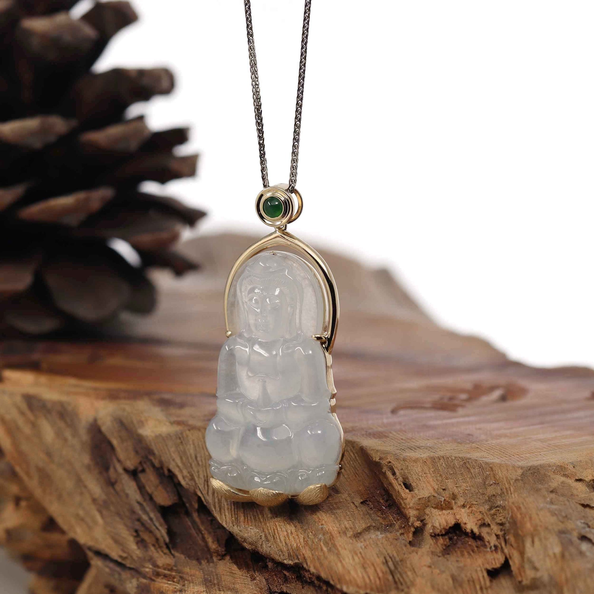 Baikalla Jewelry Jade Guanyin Pendant Necklace Baikalla 14k Gold "Goddess of Compassion" Genuine Burmese Jadeite Jade Guanyin Necklace