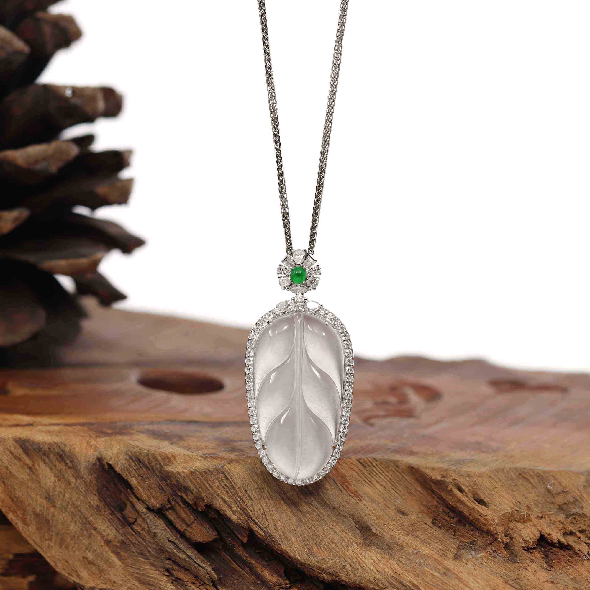 Baikalla Jewelry Jade Guanyin Pendant Necklace High-end Genuine Ice Jadeite Jade Jin Zhi Yu Ye (Leaf) Necklace With 18k Gold &amp; Diamond