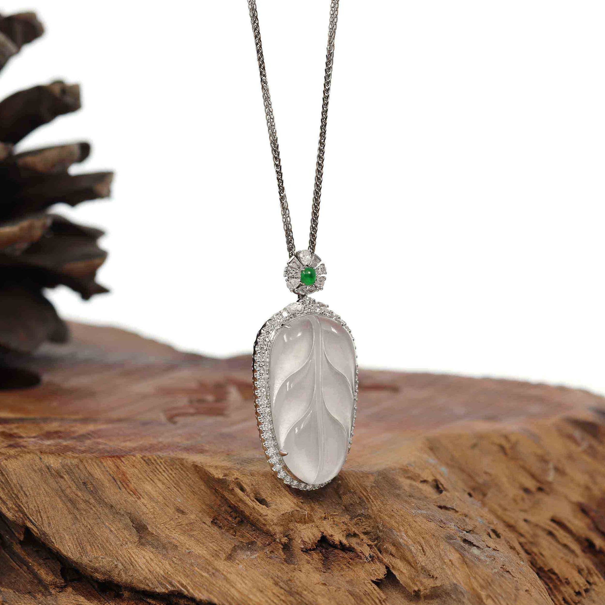 Baikalla Jewelry Jade Guanyin Pendant Necklace High-end Genuine Ice Jadeite Jade Jin Zhi Yu Ye (Leaf) Necklace With 18k Gold & Diamond