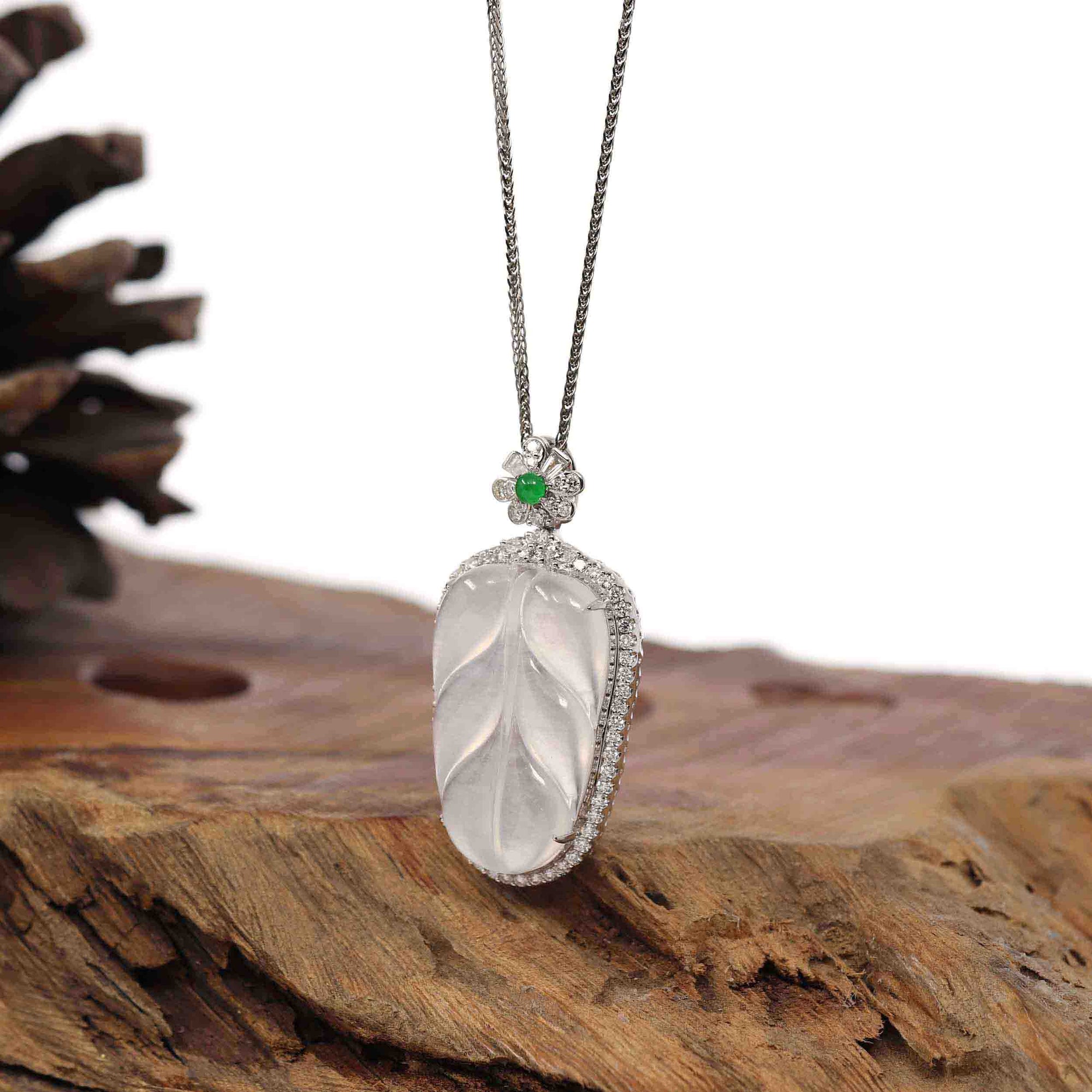 Baikalla Jewelry Jade Guanyin Pendant Necklace High-end Genuine Ice Jadeite Jade Jin Zhi Yu Ye (Leaf) Necklace With 18k Gold &amp; Diamond