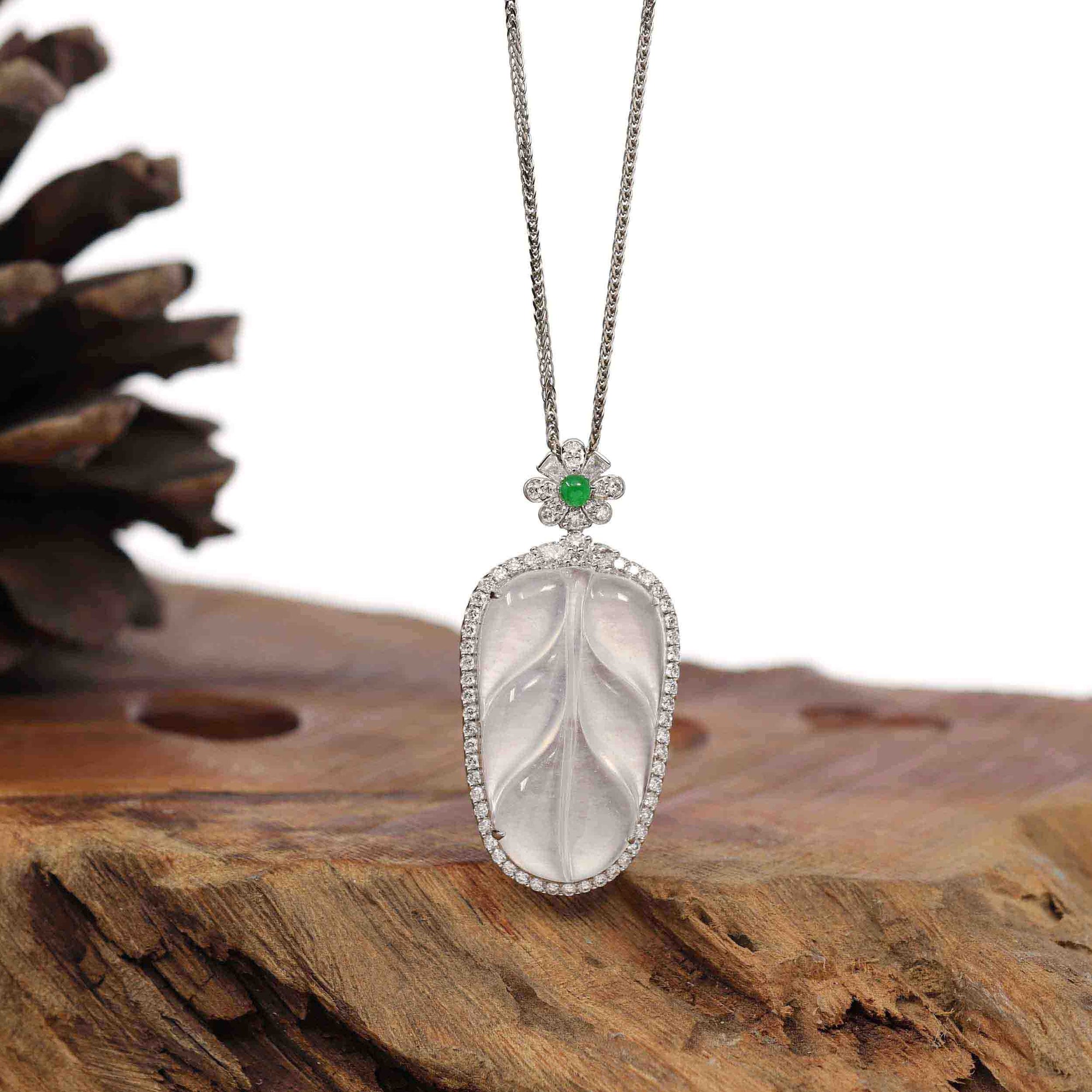 Baikalla Jewelry Jade Guanyin Pendant Necklace High-end Genuine Ice Jadeite Jade Jin Zhi Yu Ye (Leaf) Necklace With 18k Gold &amp; Diamond