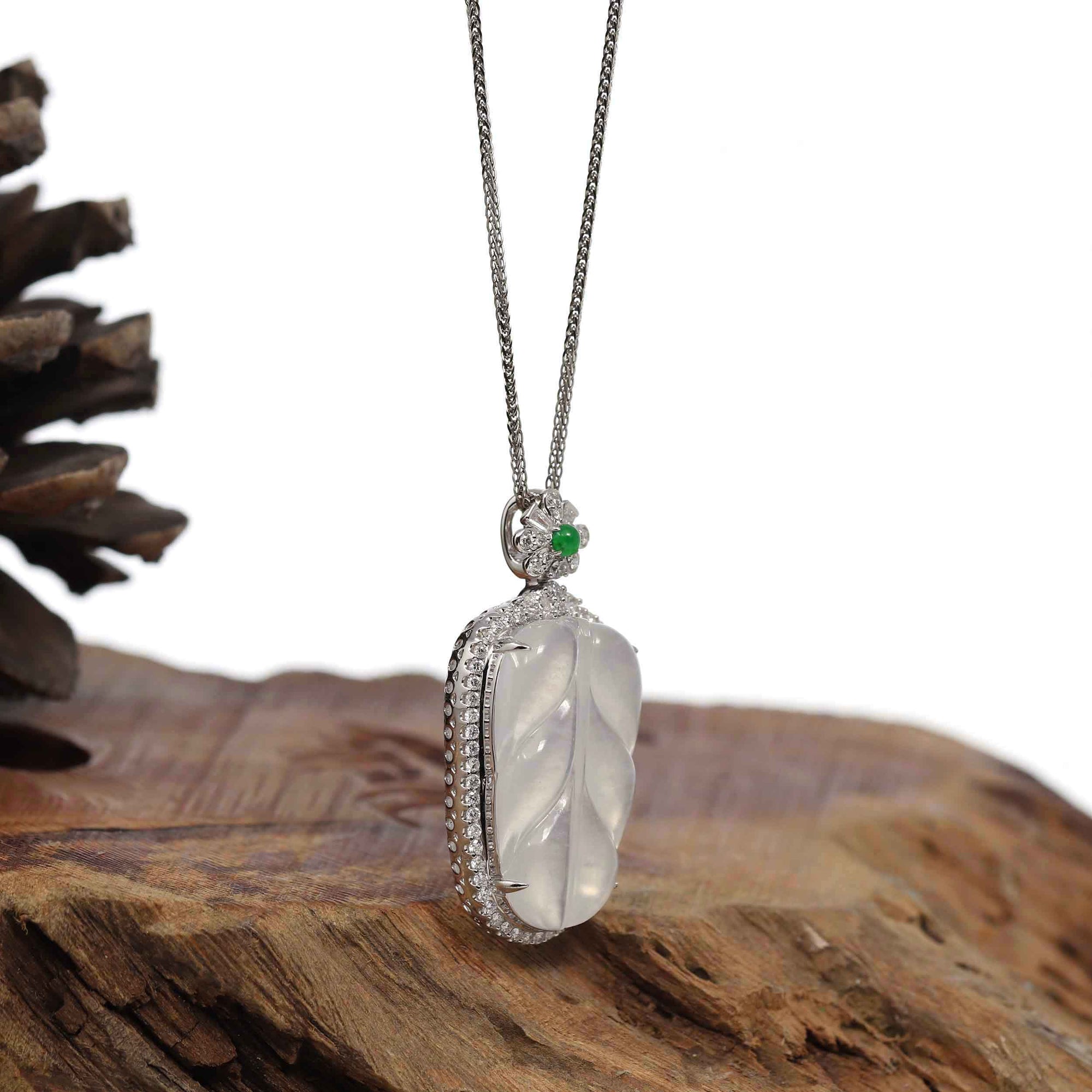 Baikalla Jewelry Jade Guanyin Pendant Necklace High-end Genuine Ice Jadeite Jade Jin Zhi Yu Ye (Leaf) Necklace With 18k Gold & Diamond