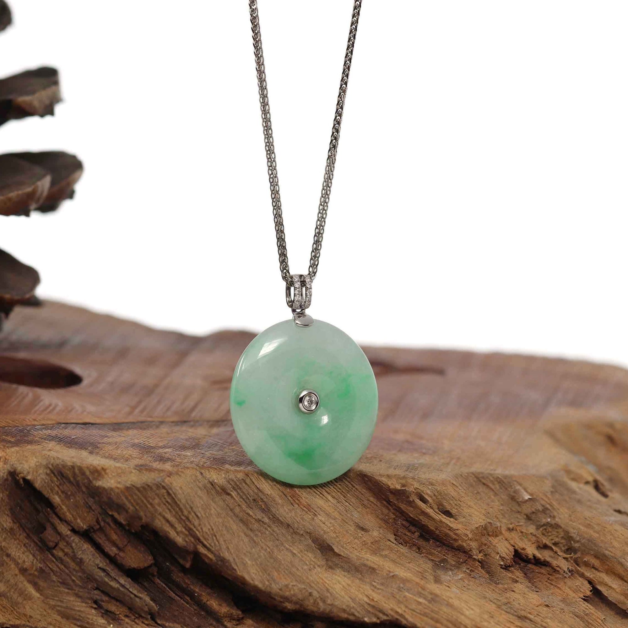 Baikalla Jewelry Gold Jadeite Jade Pendant Necklace 18K White Gold &quot;Good Luck Button&quot; Necklace Ice Green Jadeite Jade Pendant Necklace