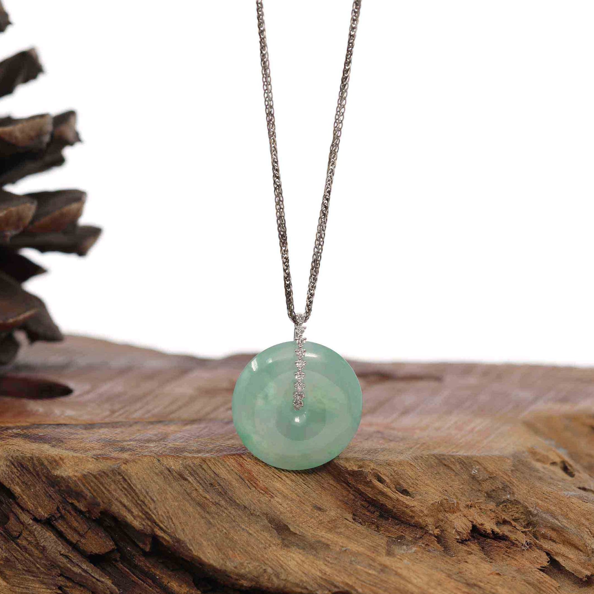 Baikalla Jewelry Gold Jadeite Jade Pendant Necklace 18K White Gold "Good Luck Button" Necklace Ice Green Jadeite Jade Pendant Necklace