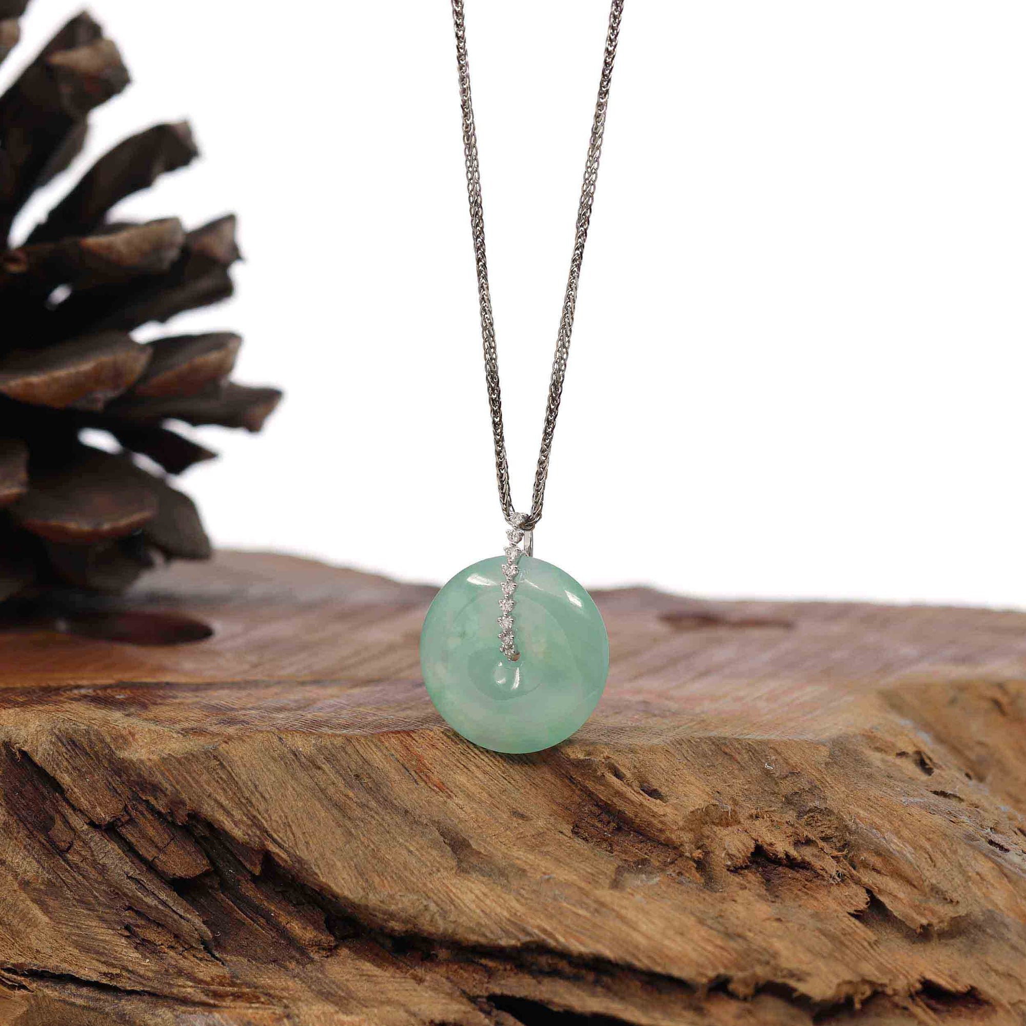 Baikalla Jewelry Gold Jadeite Jade Pendant Necklace 18K White Gold "Good Luck Button" Necklace Ice Green Jadeite Jade Pendant Necklace