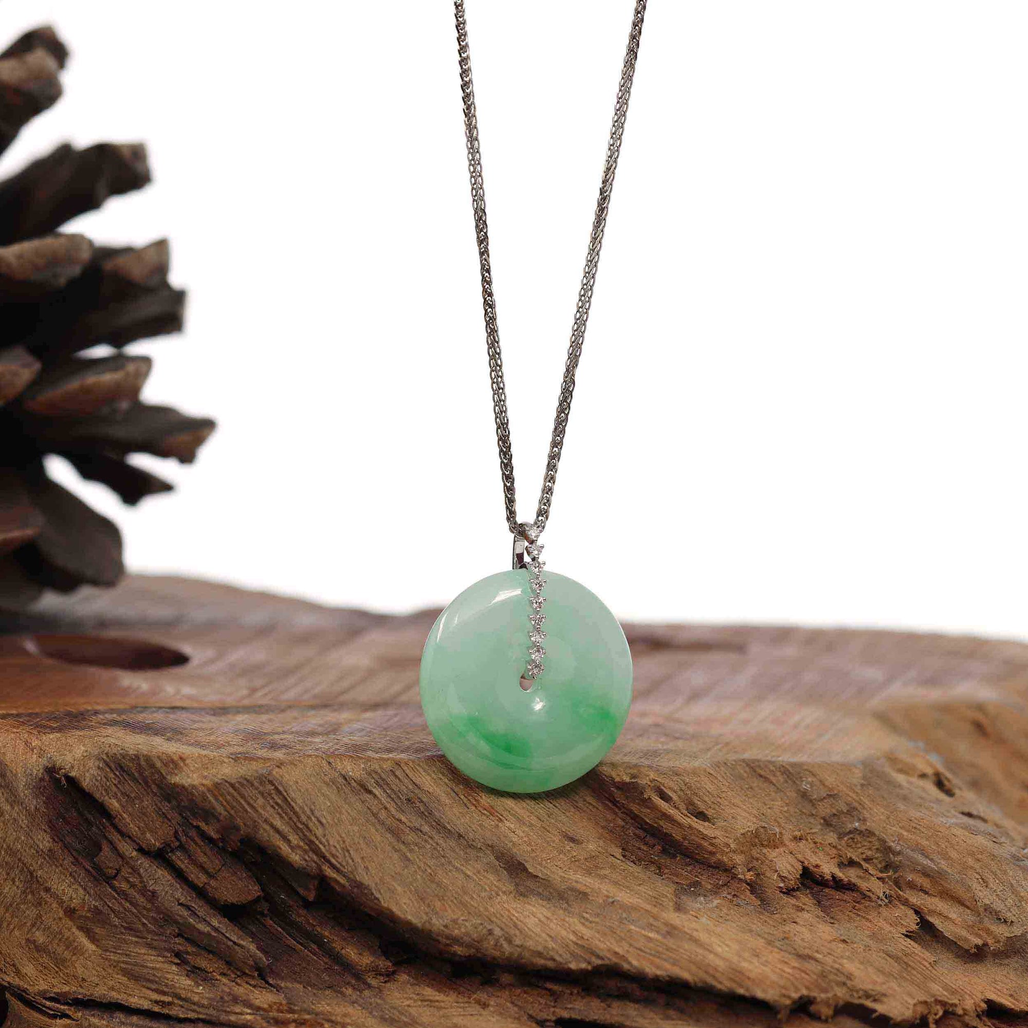 Baikalla Jewelry Gold Jadeite Jade Pendant Necklace 18K White Gold &quot;Good Luck Button&quot; Necklace Ice Green Jadeite Jade Pendant Necklace