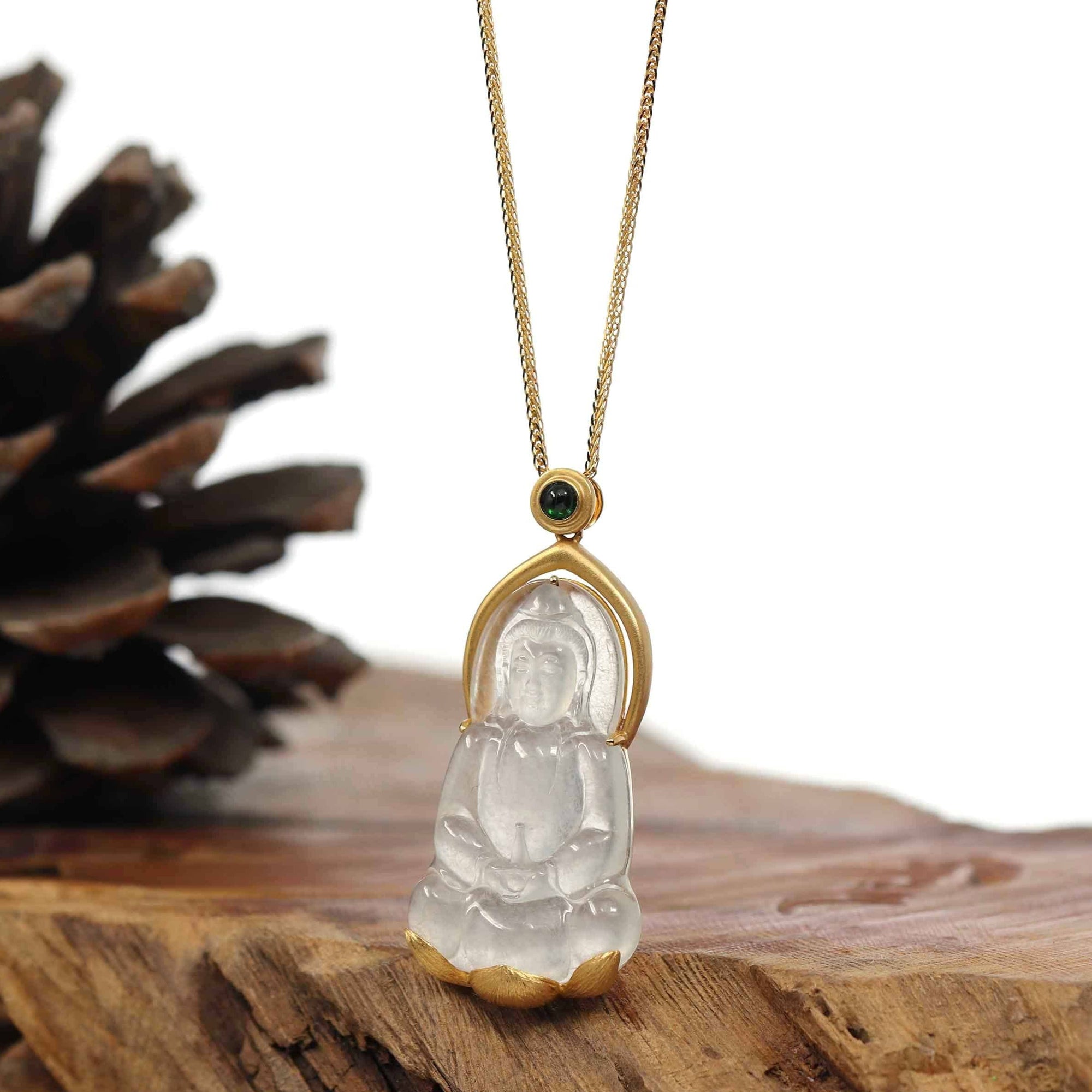 Baikalla Jewelry Jade Guanyin Pendant Necklace Baikalla 14k Gold &quot;Goddess of Compassion&quot; Genuine Burmese Jadeite Jade Guanyin Necklace