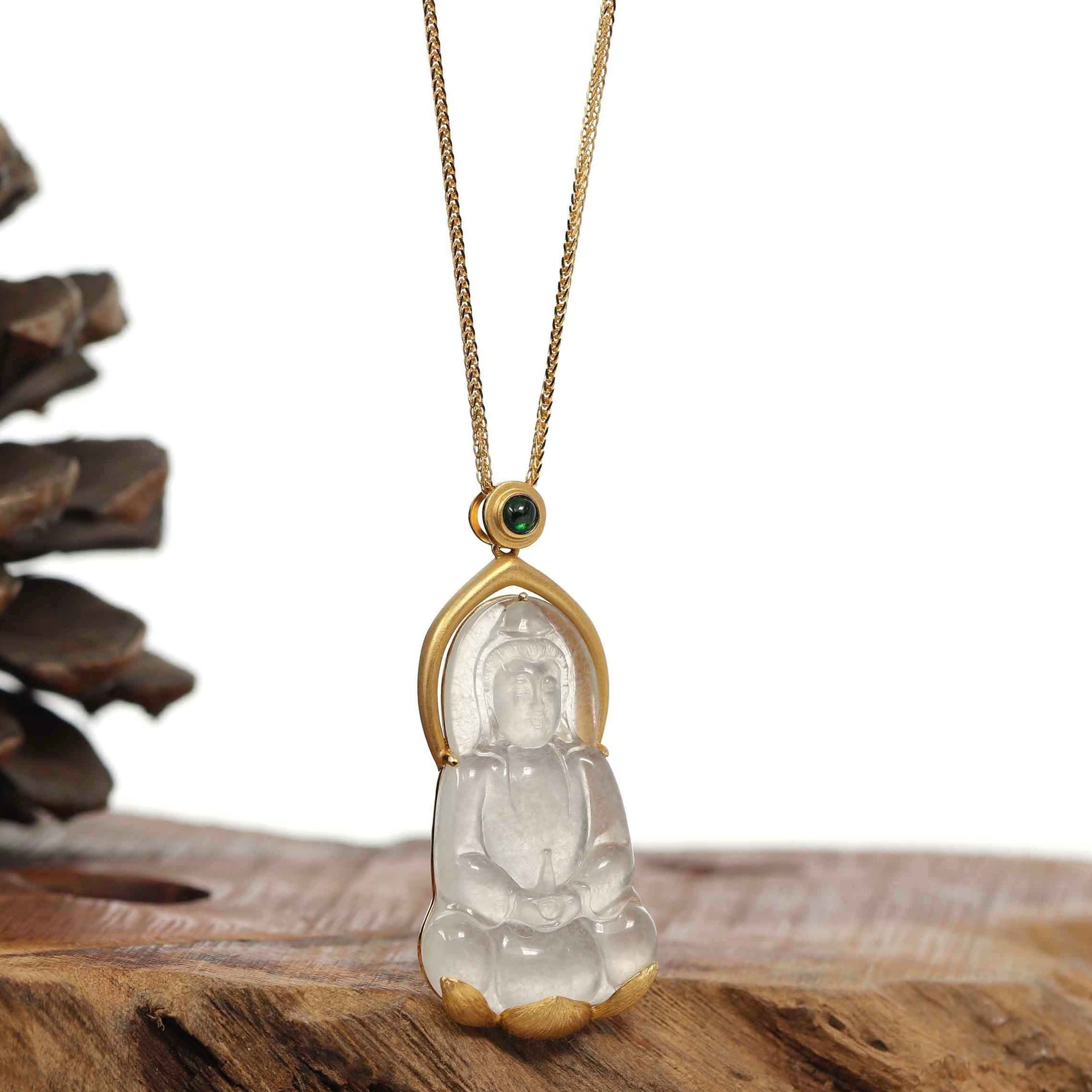 Baikalla Jewelry Jade Guanyin Pendant Necklace Baikalla 14k Gold &quot;Goddess of Compassion&quot; Genuine Burmese Jadeite Jade Guanyin Necklace