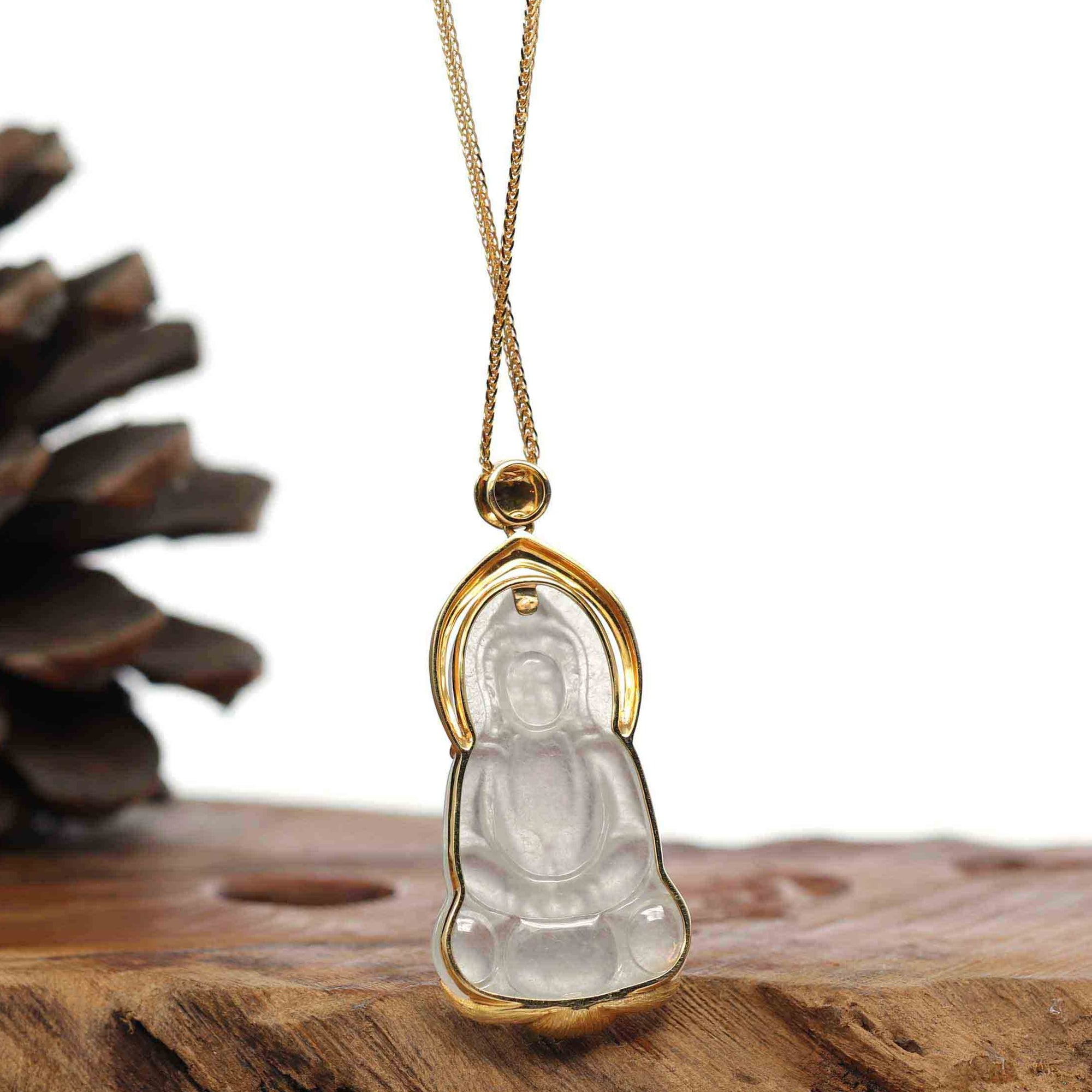 Baikalla Jewelry Jade Guanyin Pendant Necklace Baikalla 14k Gold &quot;Goddess of Compassion&quot; Genuine Burmese Jadeite Jade Guanyin Necklace