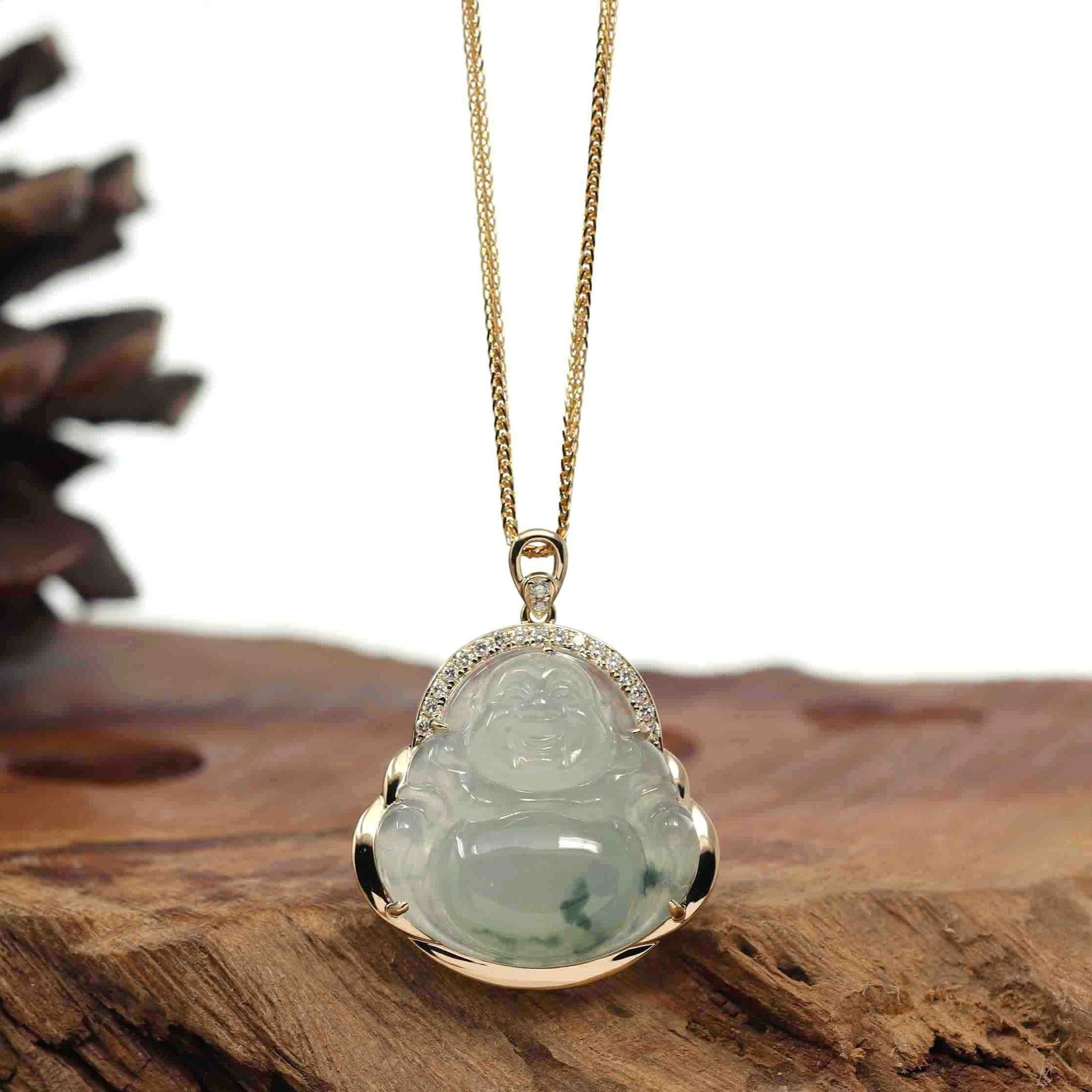 Baikalla Jewelry 18k Gold Jadeite Necklace Copy of Baikalla 14K Yellow Gold Genuine Burmese Ice Jadeite Jade Buddha Pendant with VS1 Diamonds High Jewelry