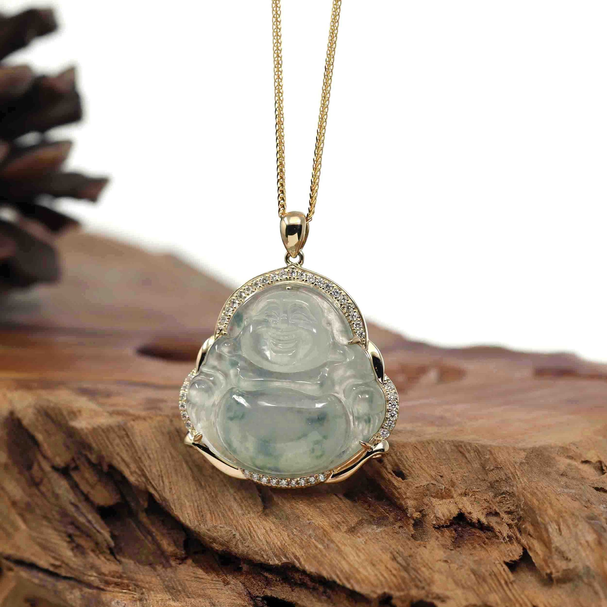 Baikalla Jewelry 18k Gold Jadeite Necklace Baikalla 14K Yellow Gold Genuine Burmese Ice Jadeite Jade Buddha Pendant with VS1 Diamonds High Jewelry