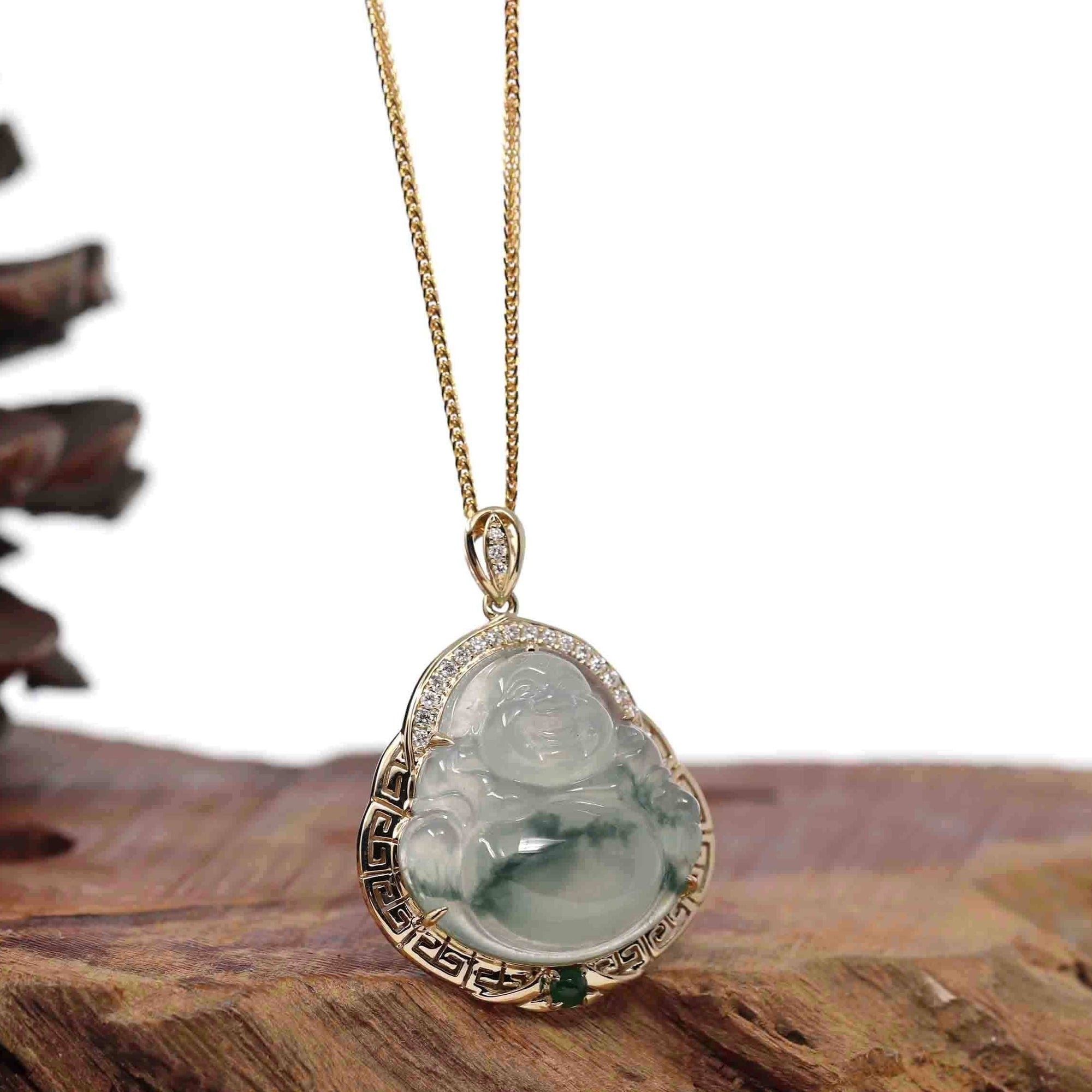 Baikalla Jewelry 18k Gold Jadeite Necklace Baikalla 14K Yellow Gold Genuine Burmese Ice Jadeite Jade Buddha Pendant with VS1 Diamonds High Jewelry