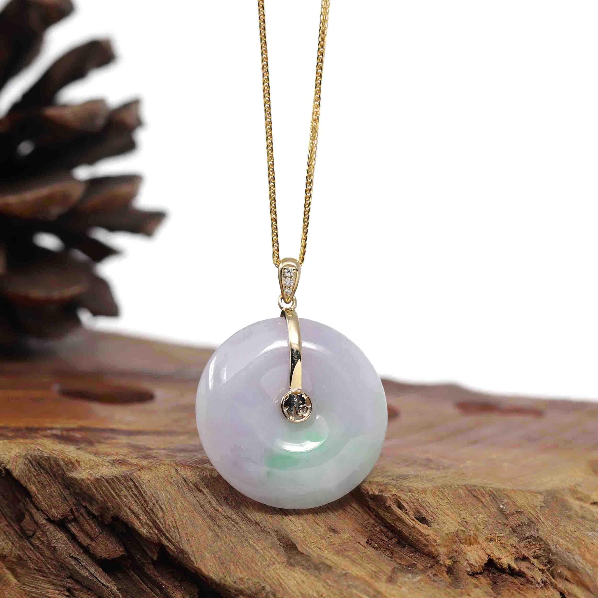 Baikalla Jewelry Gold Jadeite Jade Pendant Necklace &quot;Good Luck Button&quot; Lavender Jadeite Jade Lucky KouKou Pendant With 14K Yellow Gold  Diamond Bail