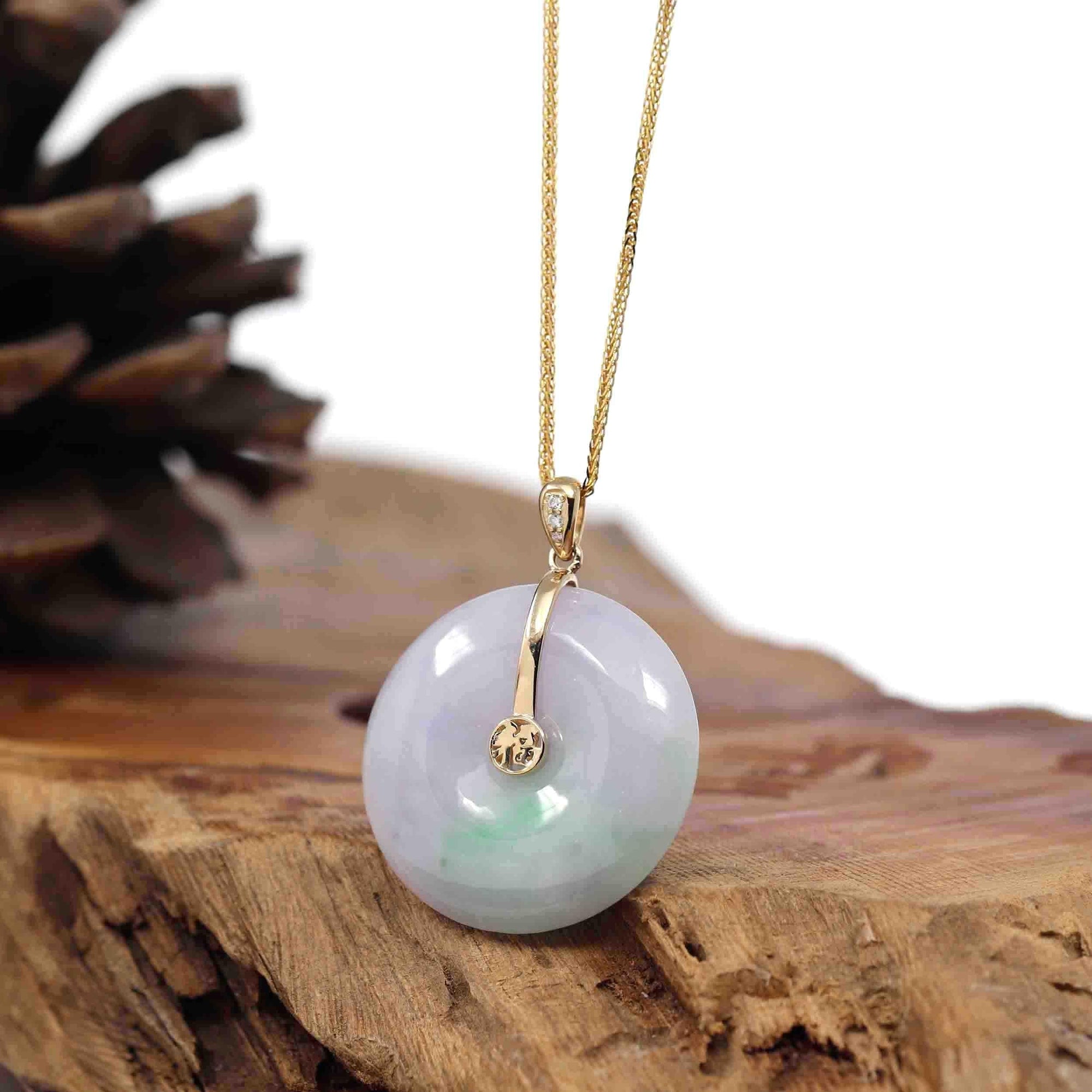 Baikalla Jewelry Gold Jadeite Jade Pendant Necklace &quot;Good Luck Button&quot; Lavender Jadeite Jade Lucky KouKou Pendant With 14K Yellow Gold  Diamond Bail