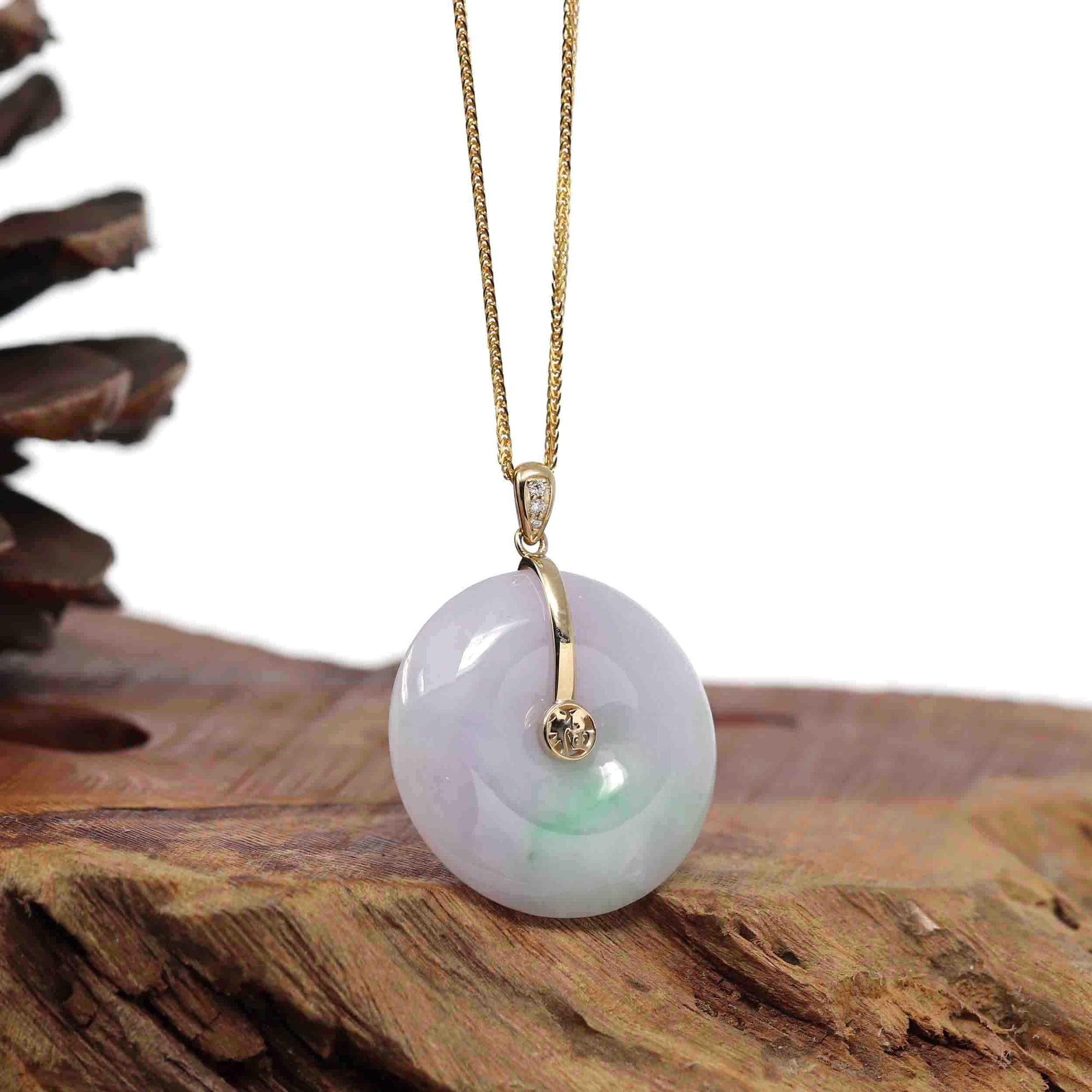 Baikalla Jewelry Gold Jadeite Jade Pendant Necklace "Good Luck Button" Lavender Jadeite Jade Lucky KouKou Pendant With 14K Yellow Gold  Diamond Bail